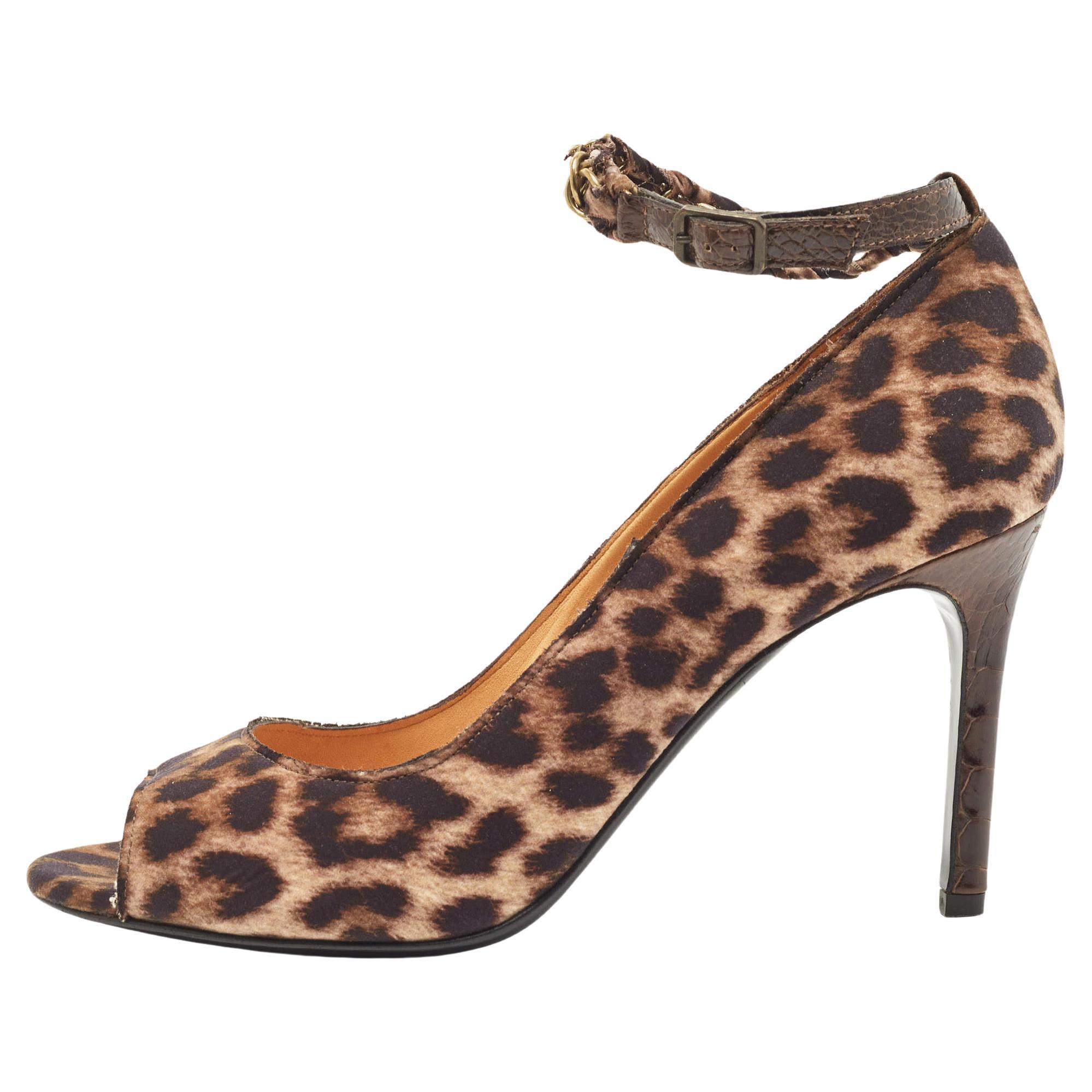 Lanvin Two Tone Leopard Print Fabric Open Toe Pumps Size 40