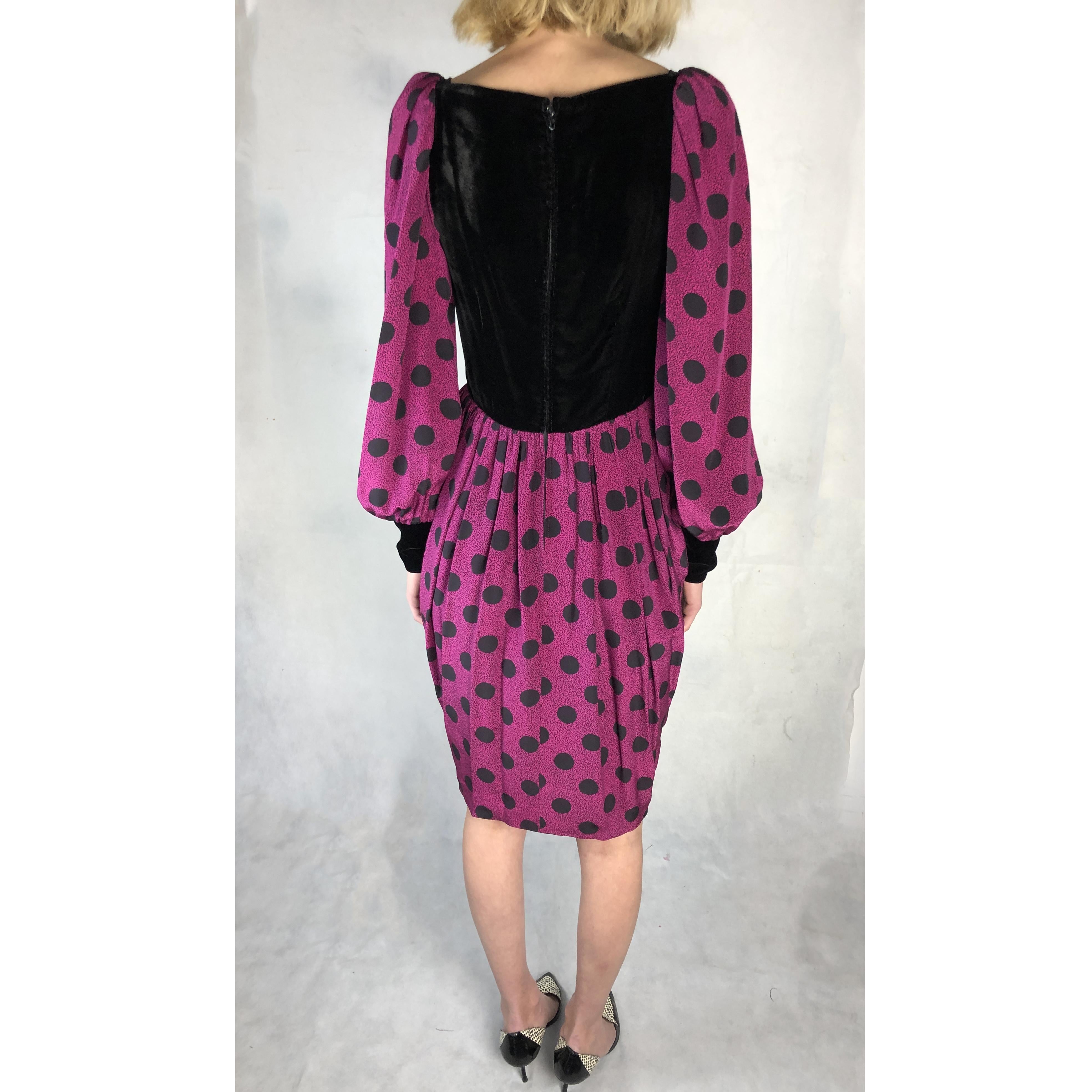 Black Lanvin velvet and polka dots silk evening dress, circa 1980 For Sale