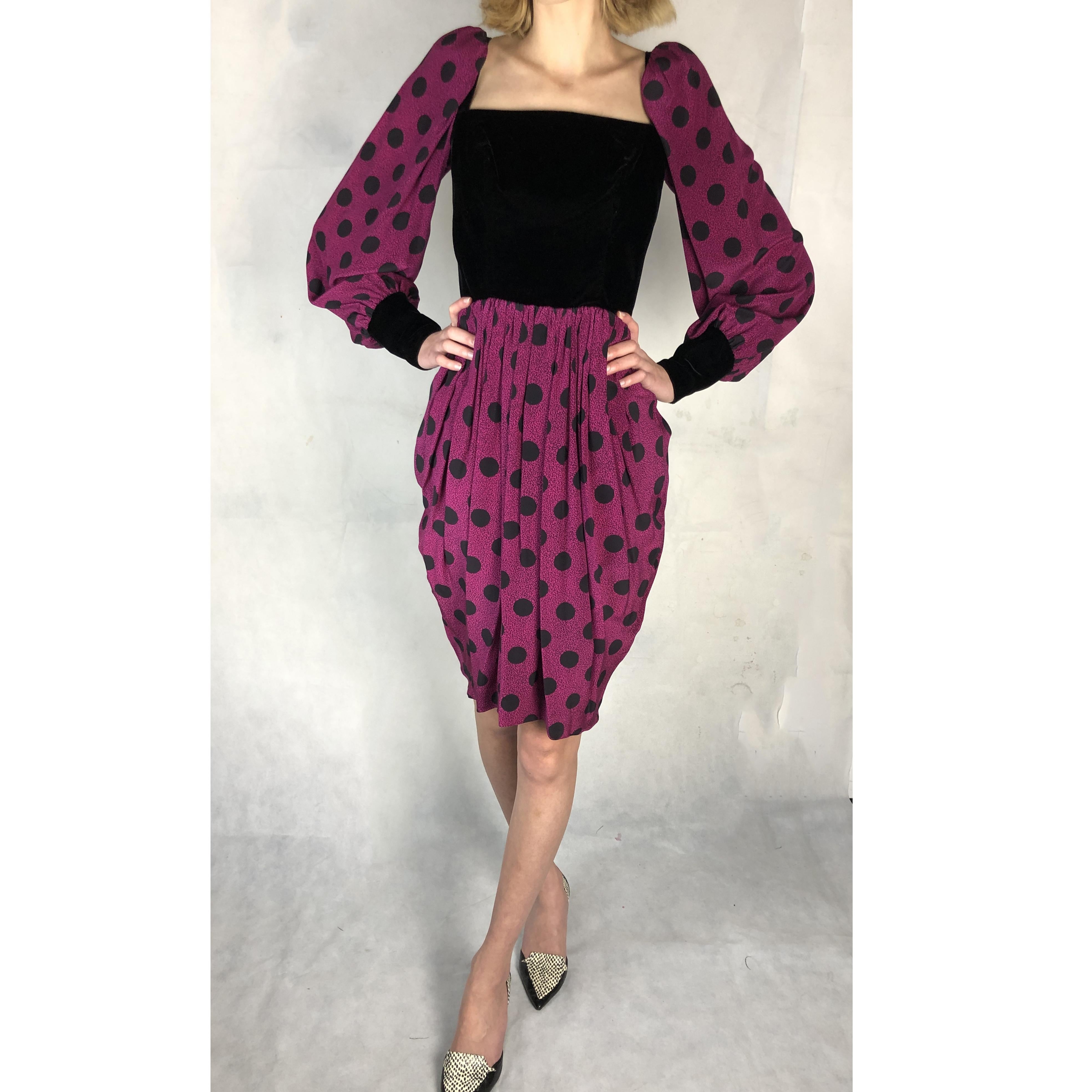 Lanvin velvet and polka dots silk evening dress, circa 1980 In Good Condition For Sale In London, GB