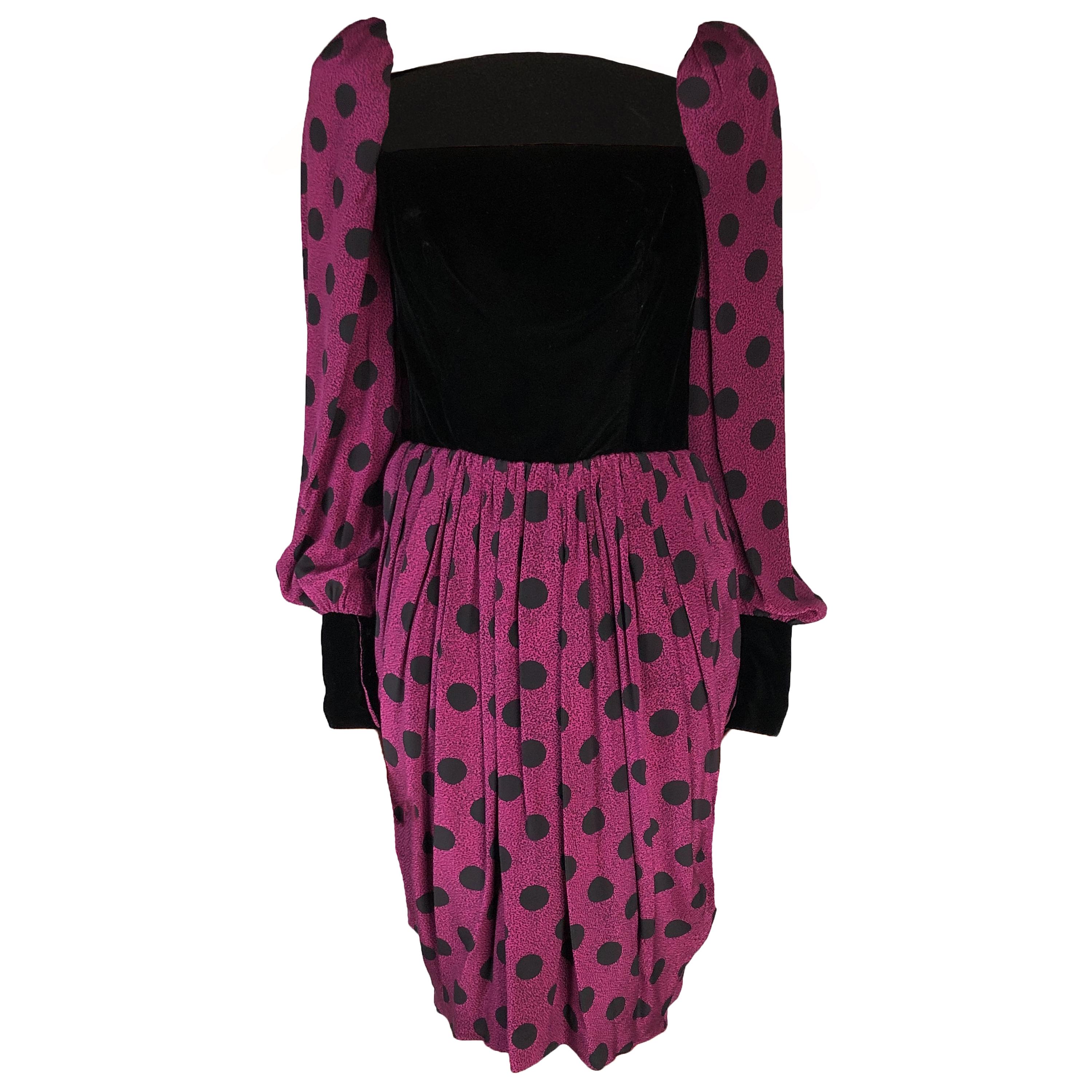 Lanvin velvet and polka dots silk evening dress, circa 1980 For Sale