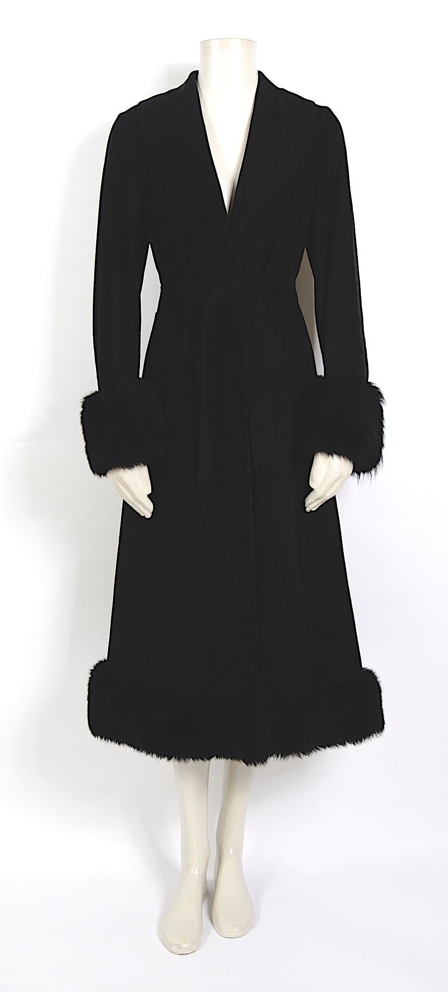 Stunning 1960s vintage Lanvin black suede belted coat with removable fur collar...
Lanvin designed by either Antonio del Castillo or Jules-Francois Crahay, who was the head designer from 1963 until 1984. 
After that time there was a succession of