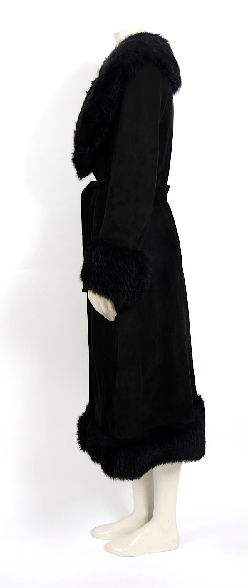 Black Lanvin vintage 1960s black suede belted coat with removable fur collar
