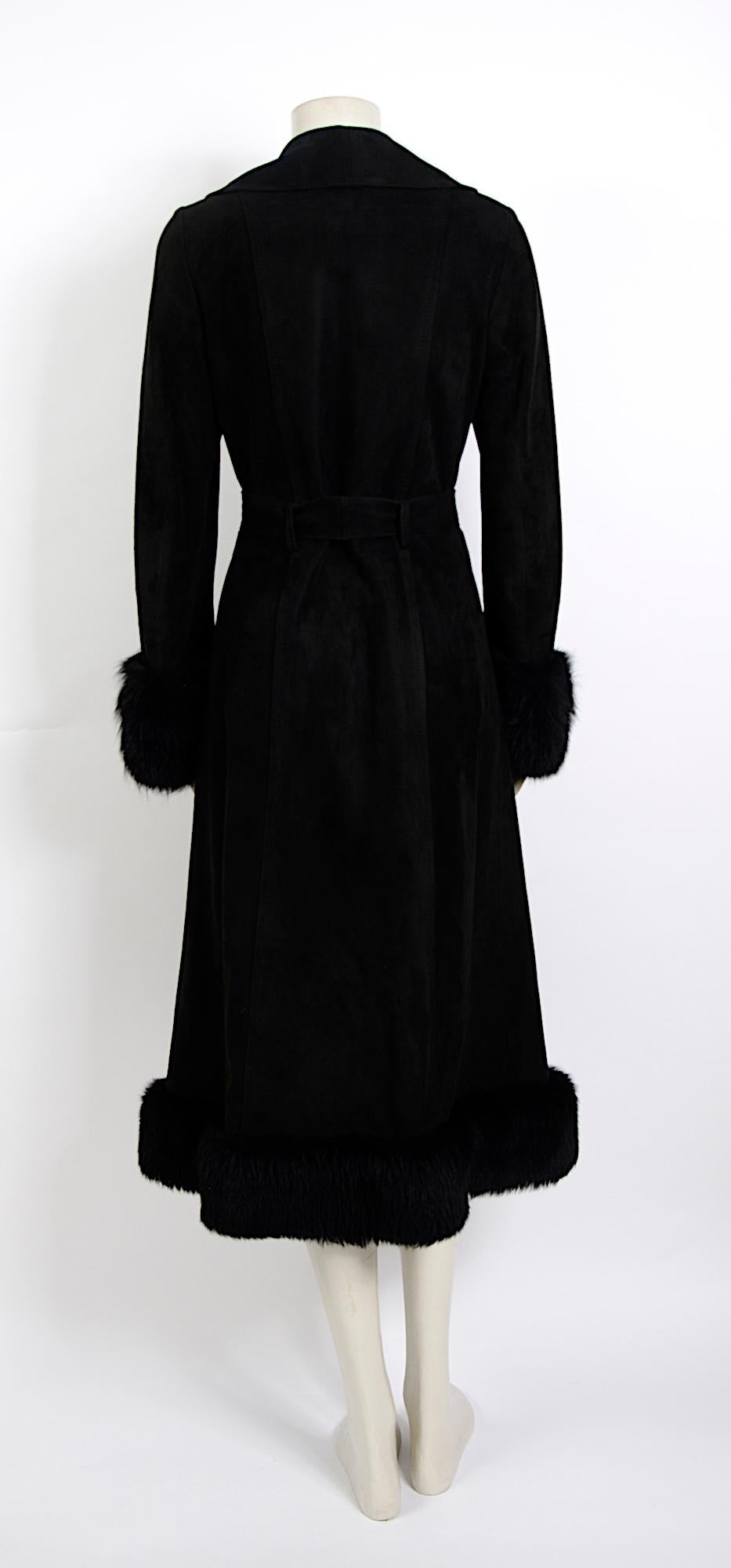 Lanvin vintage 1960s black suede belted coat with removable fur collar In Excellent Condition In Antwerp, BE