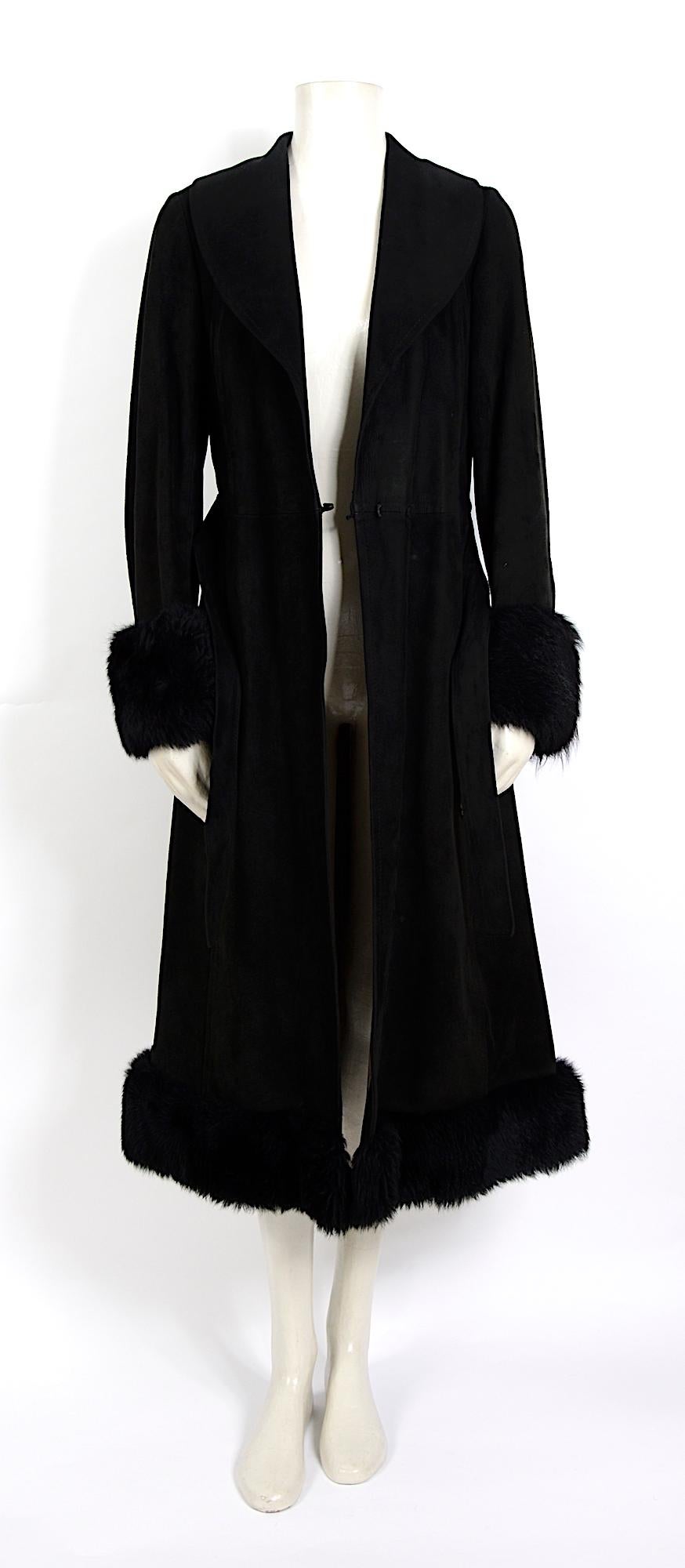 Women's Lanvin vintage 1960s black suede belted coat with removable fur collar