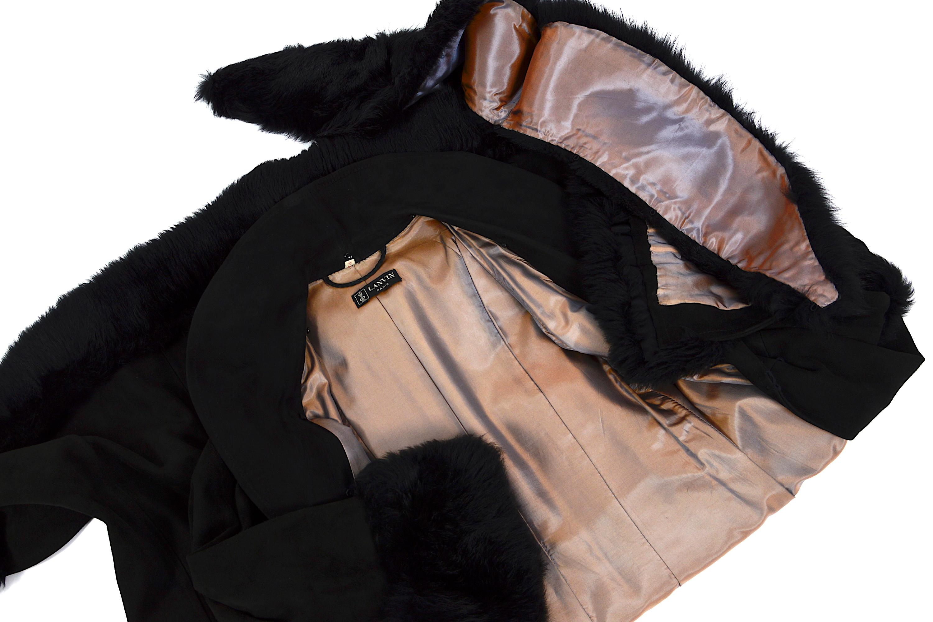 Lanvin vintage 1960s black suede belted coat with removable fur collar 1