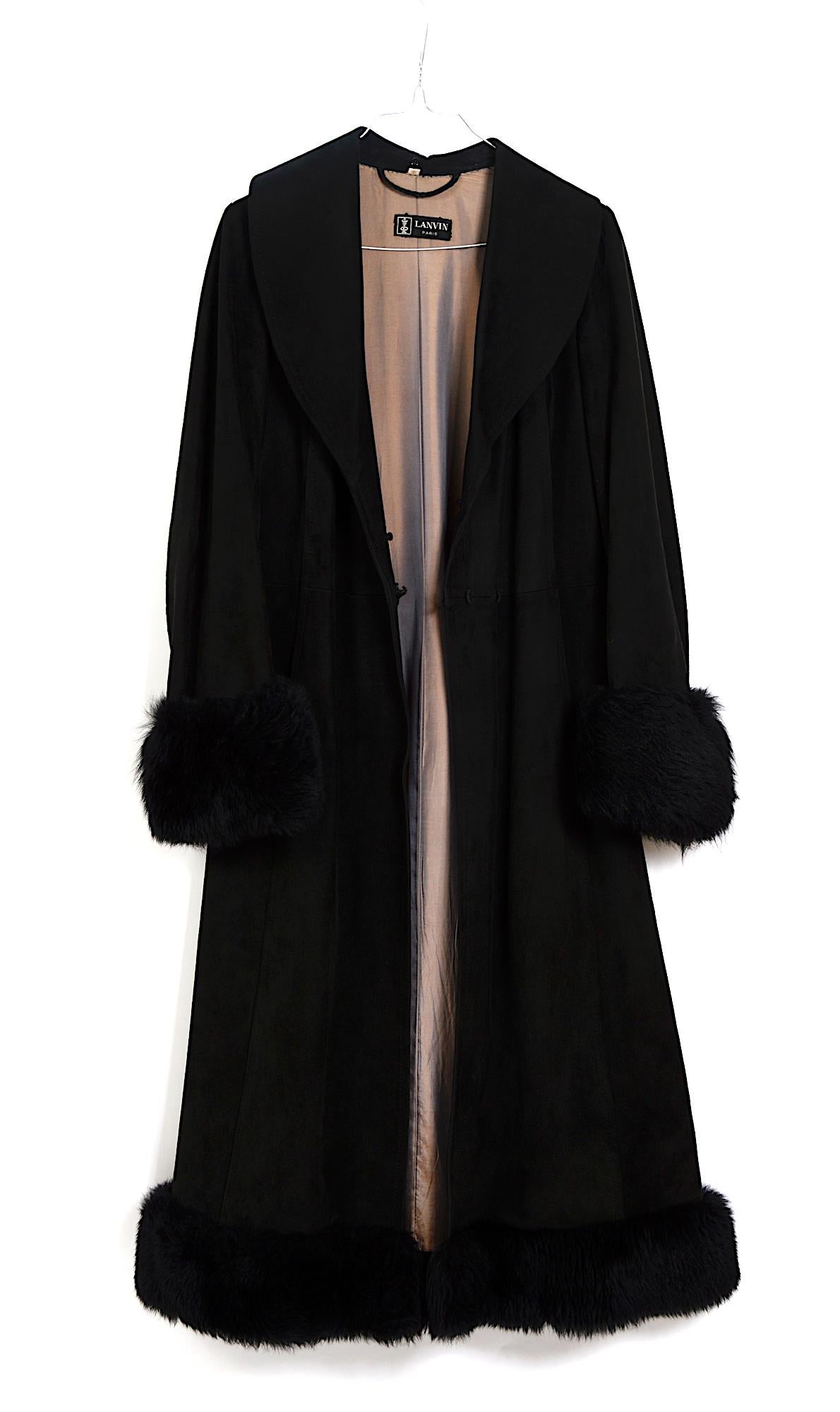 Lanvin vintage 1960s black suede belted coat with removable fur collar 2