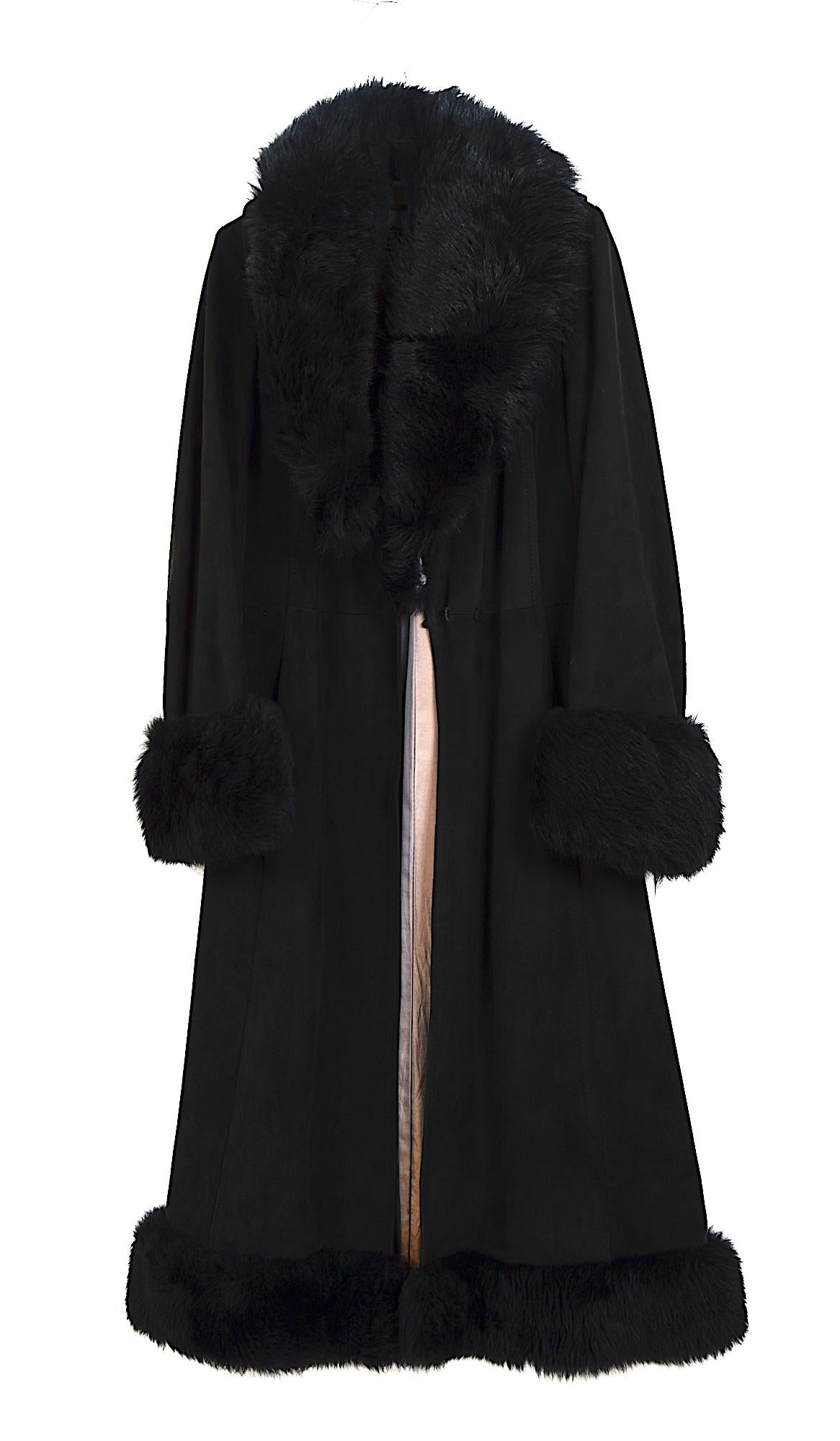 Lanvin vintage 1960s black suede belted coat with removable fur collar 3