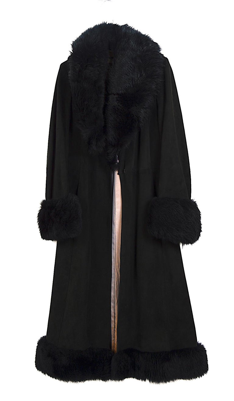 Lanvin vintage 1960s black suede belted coat with removable fur collar ...