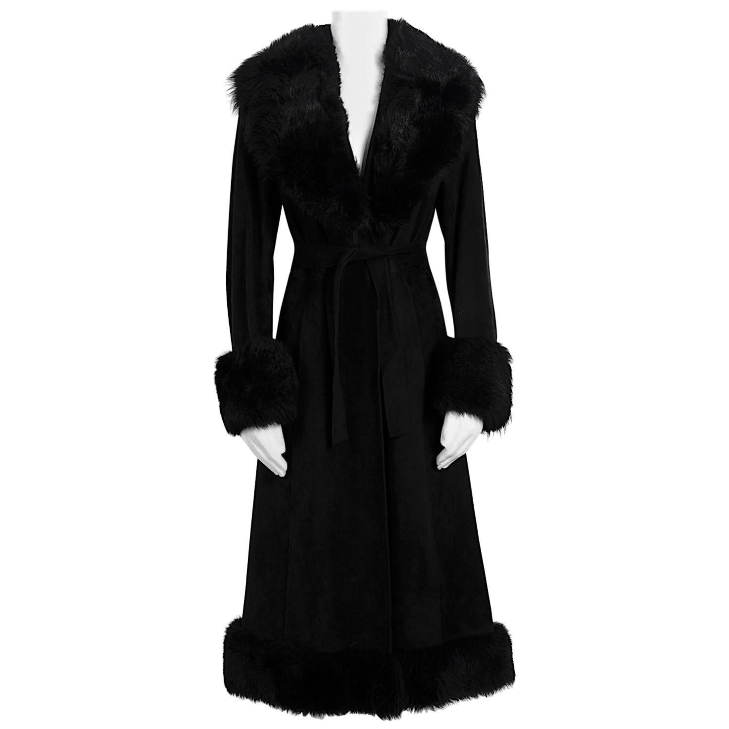 Lanvin vintage 1960s black suede belted coat with removable fur collar