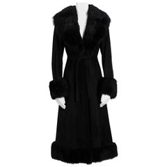 Lanvin Vintage 1960s black suede belted coat with removable fur collar