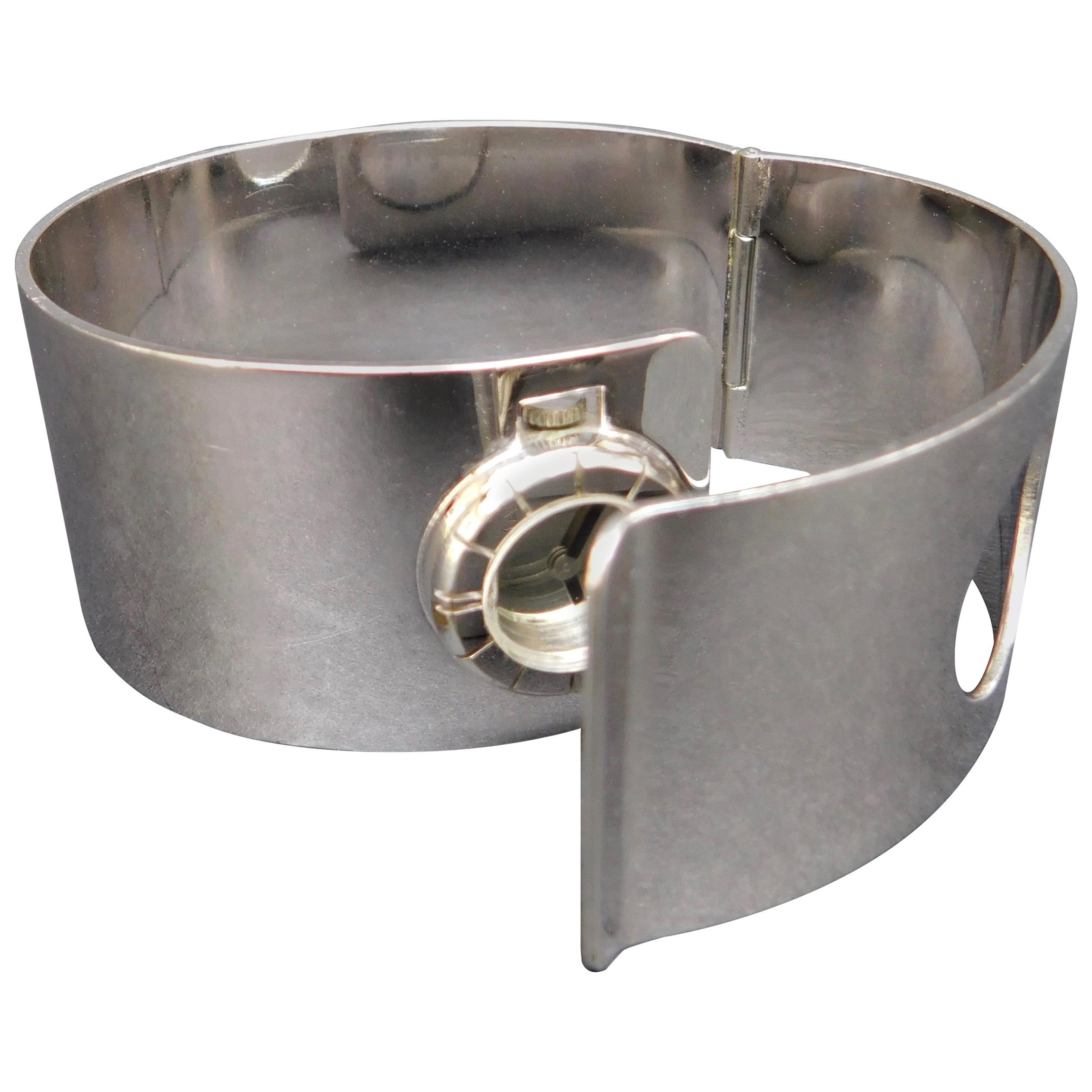 Lanvin Vintage 1970 Silver Toned Metal Watch "Bracelet De Force" Cuff For Sale