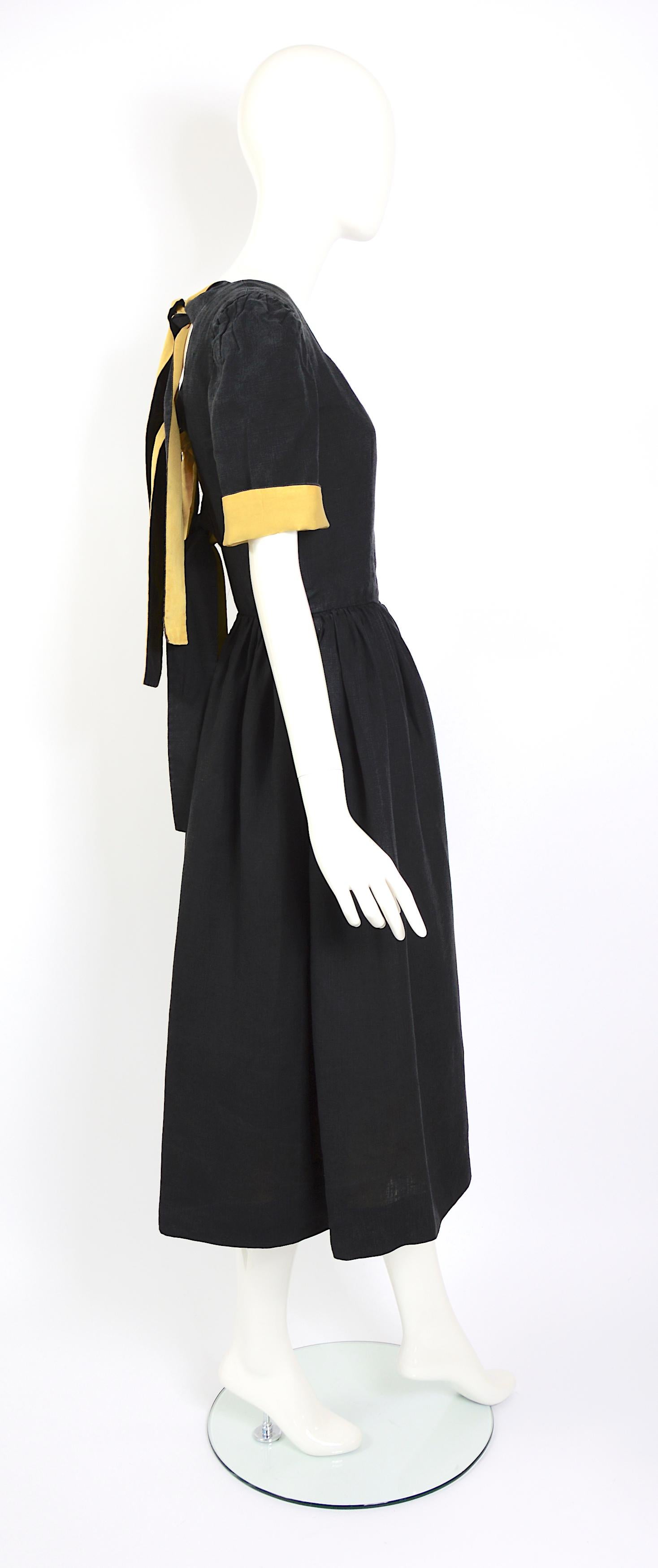 Lanvin vintage 1970s silk & linen backless attached bold ribbon ties/bows dress For Sale 5