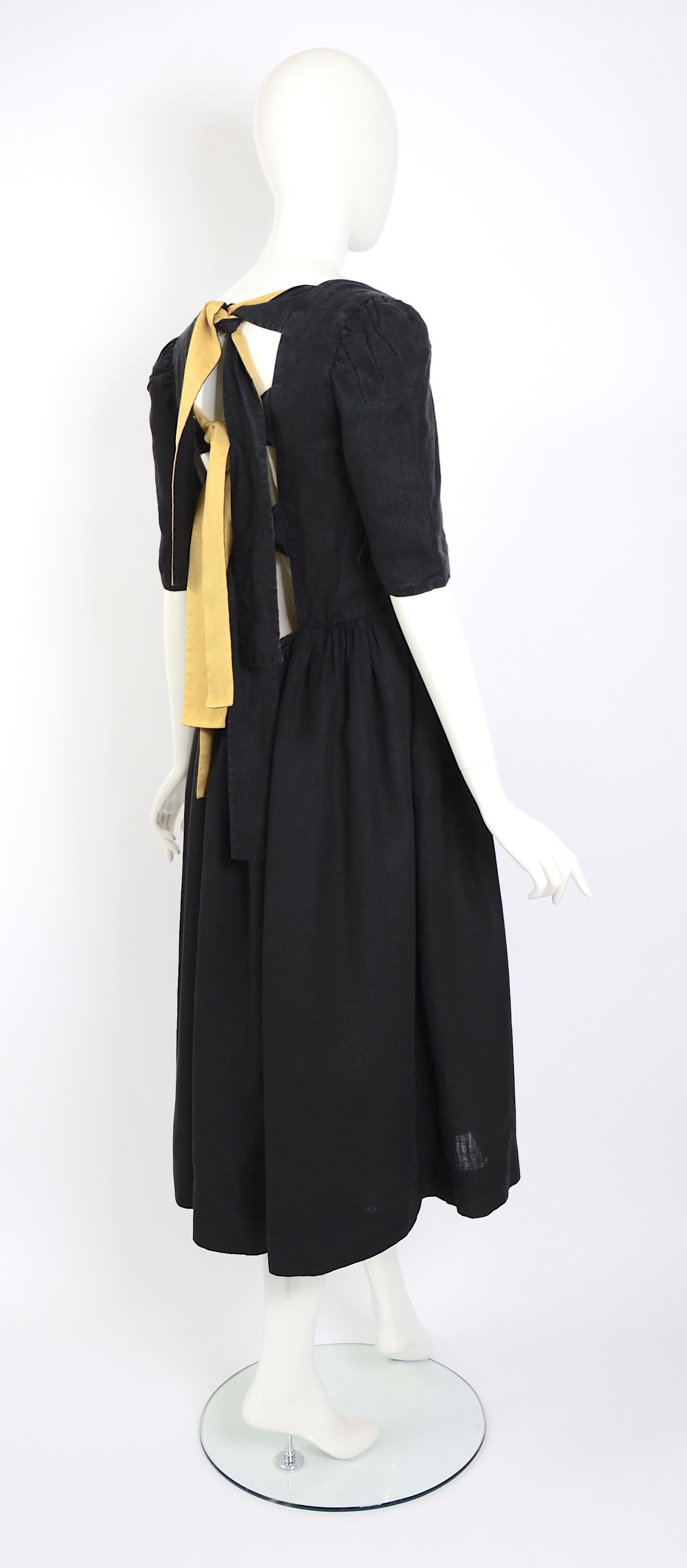 Lanvin vintage 1970s silk & linen backless attached bold ribbon ties/bows dress For Sale 6