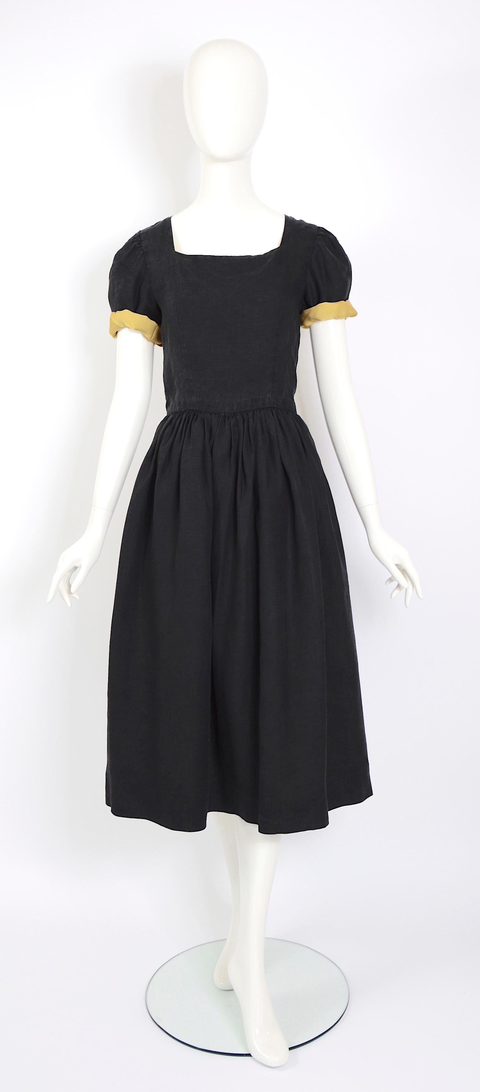 Black Lanvin vintage 1970s silk & linen backless attached bold ribbon ties/bows dress For Sale
