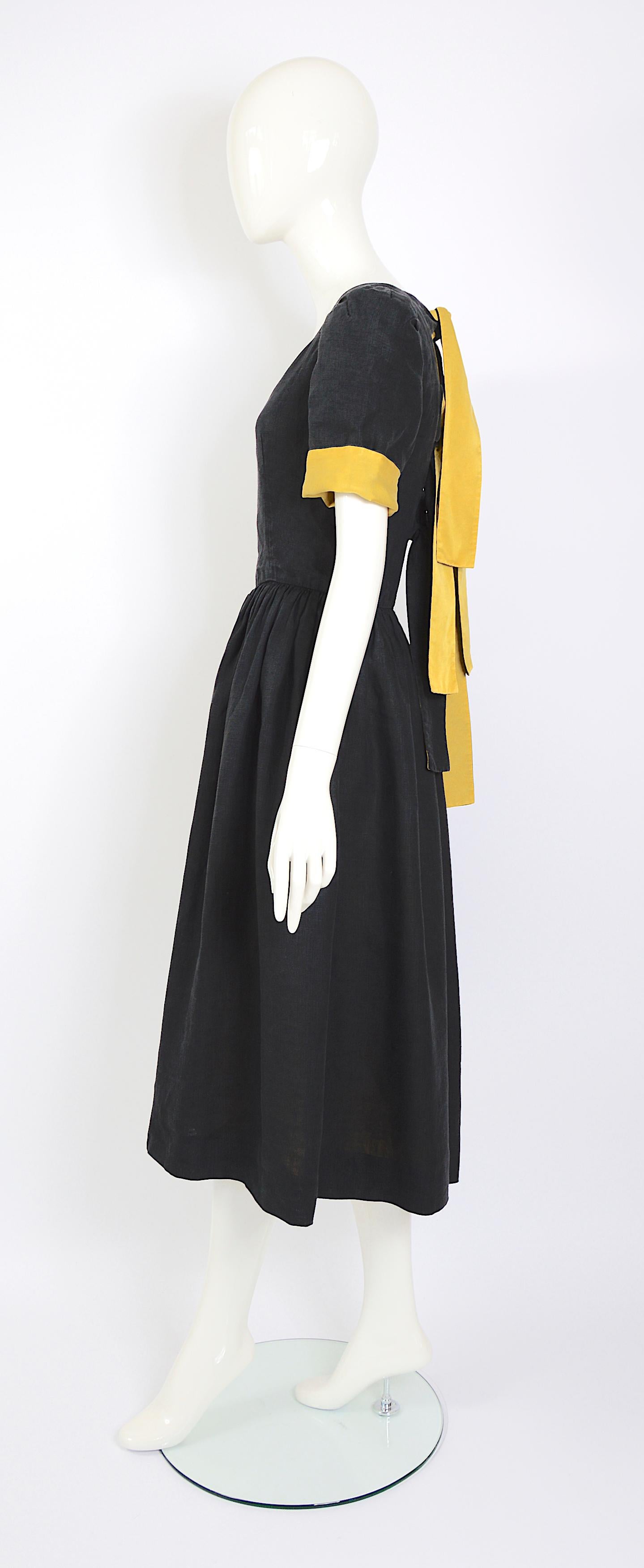 Lanvin vintage 1970s silk & linen backless attached bold ribbon ties/bows dress For Sale 1