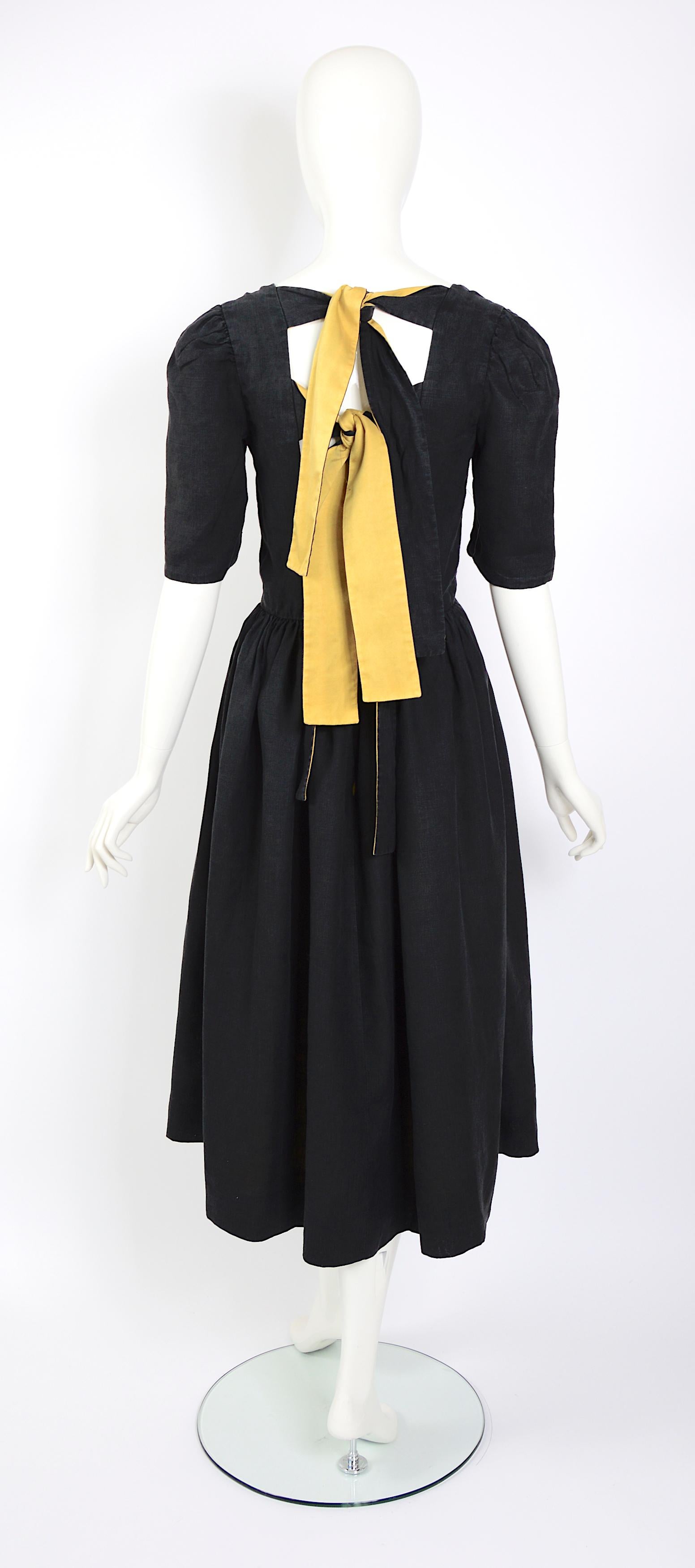 Lanvin vintage 1970s silk & linen backless attached bold ribbon ties/bows dress For Sale 2