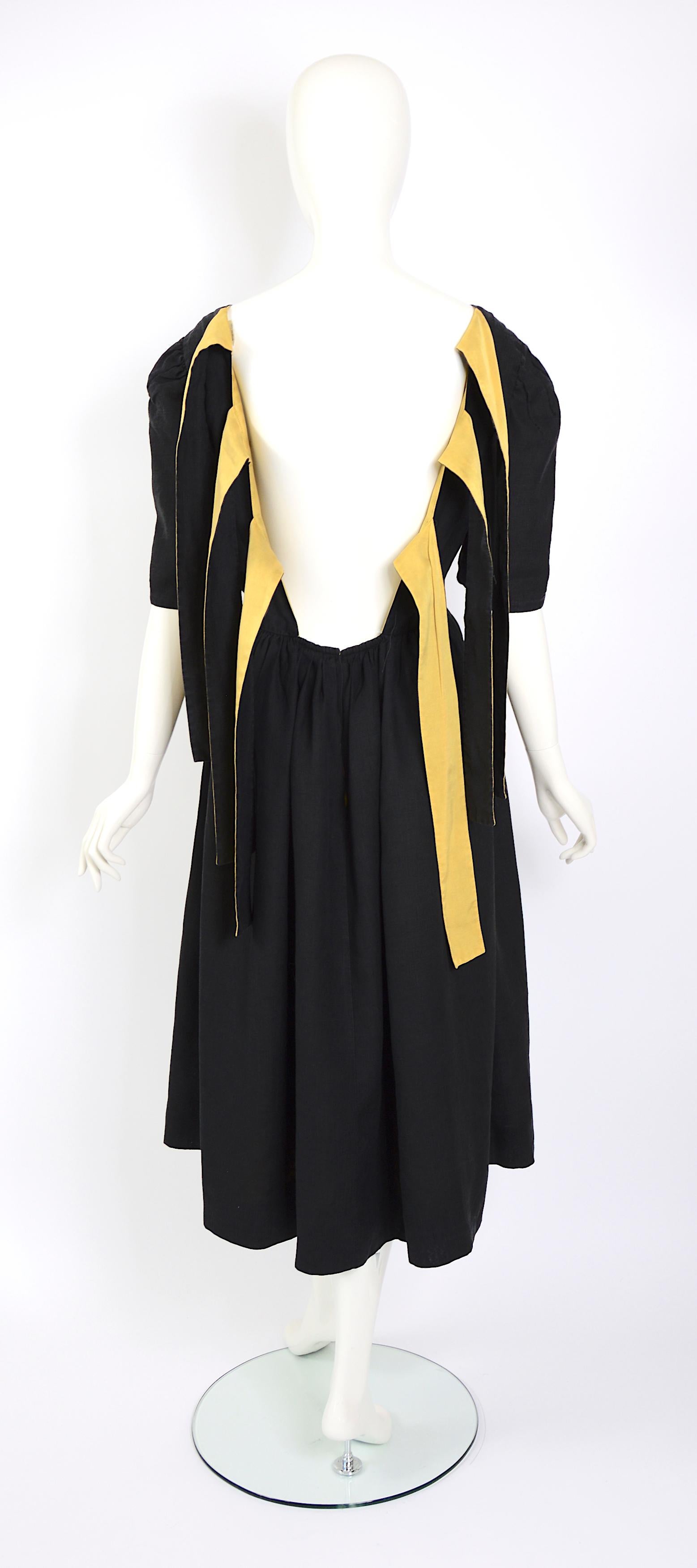 Lanvin vintage 1970s silk & linen backless attached bold ribbon ties/bows dress For Sale 3