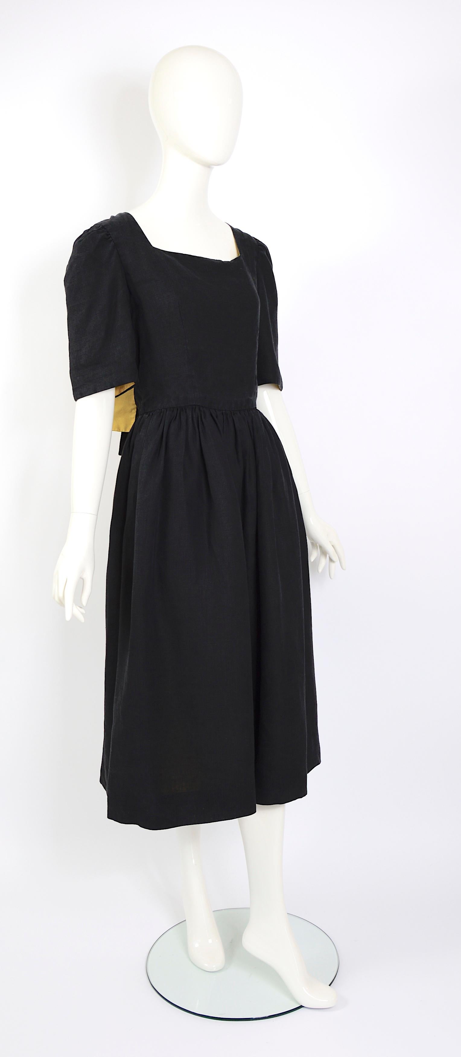 Lanvin vintage 1970s silk & linen backless attached bold ribbon ties/bows dress For Sale 4