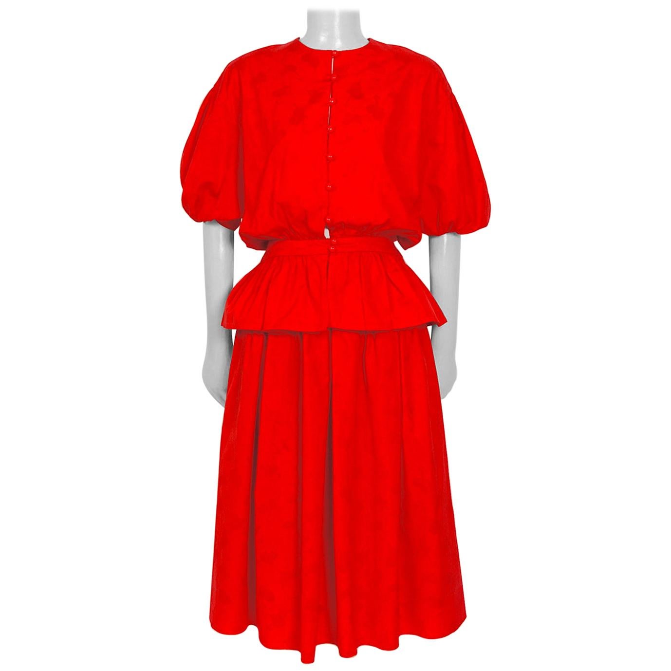 Lanvin vintage 1980s red cotton jacket and skirt summer set For Sale