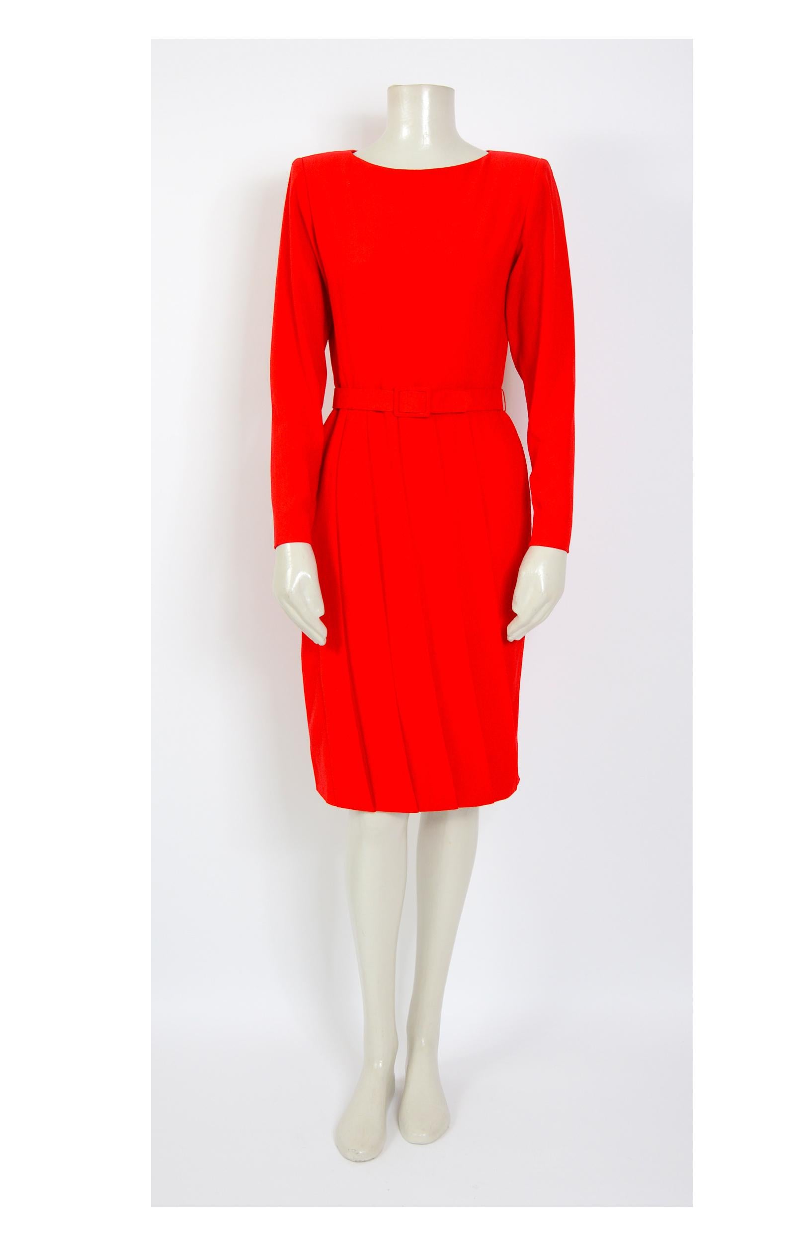Red Lanvin vintage 1980s red pleated skirt with matching belt dress For Sale