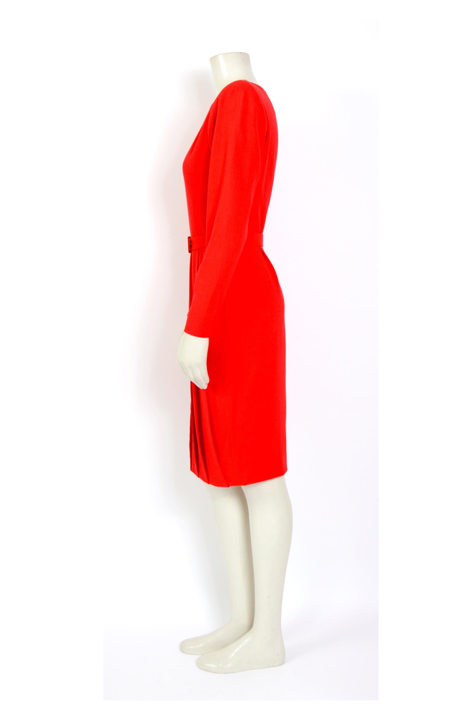 Lanvin vintage 1980s red pleated skirt with matching belt dress In Excellent Condition For Sale In Antwerp, BE