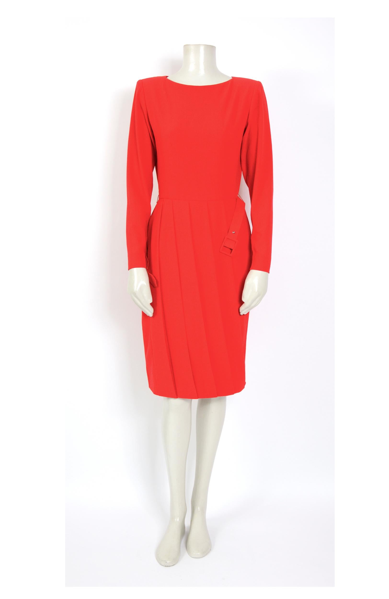 Lanvin vintage 1980s red pleated skirt with matching belt dress For Sale 1