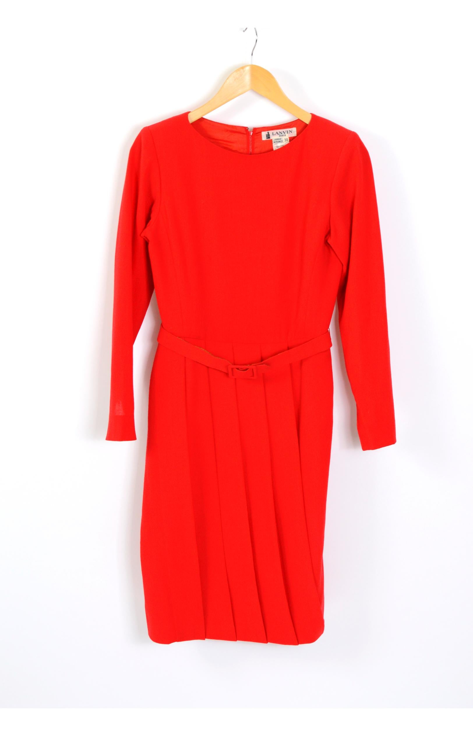 Lanvin vintage 1980s red pleated skirt with matching belt dress For Sale 2