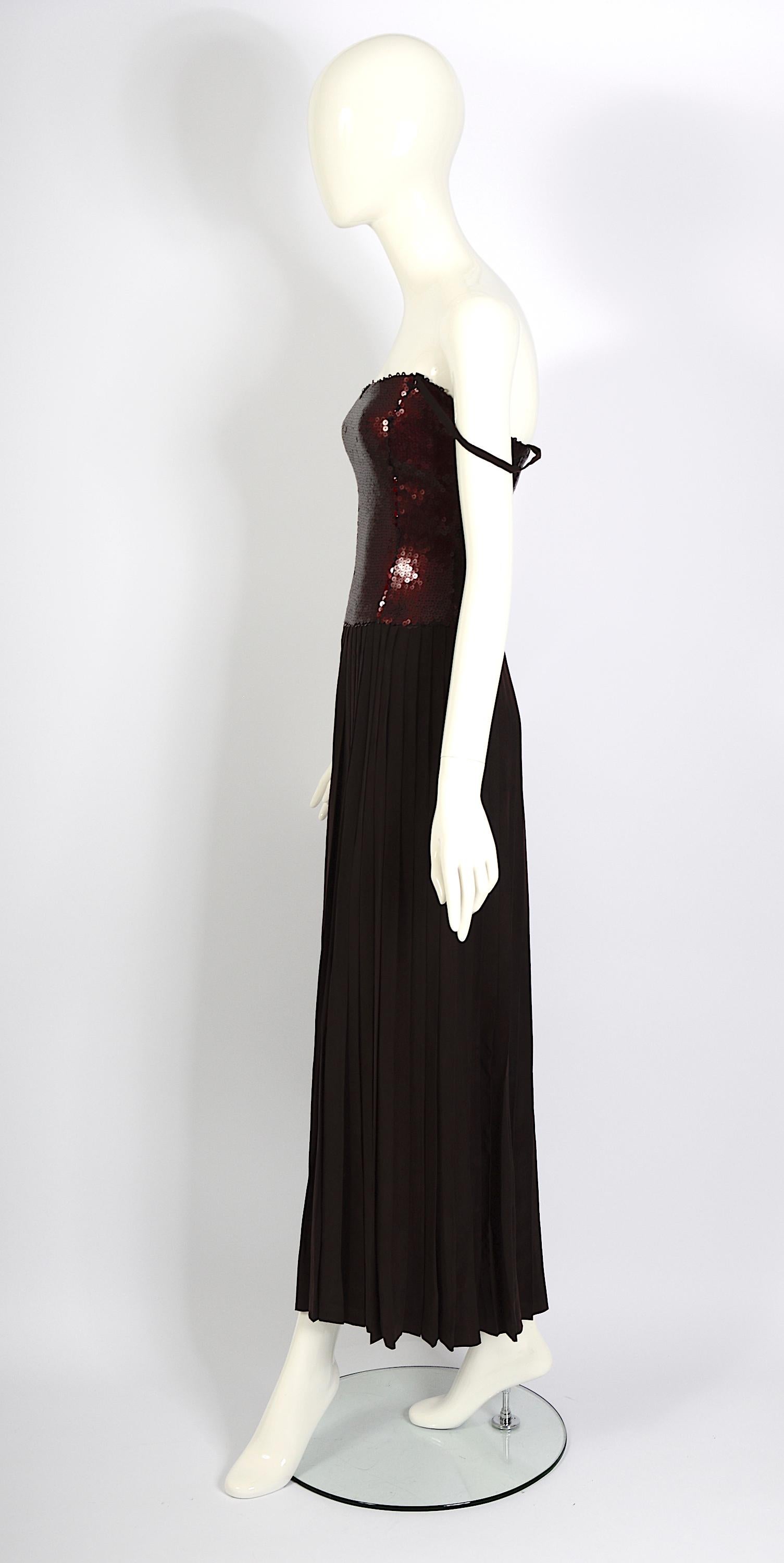 Black Lanvin Vintage 1990 Claude Montana Era Silk Pleated Skirt & Sequin Bodice Dress