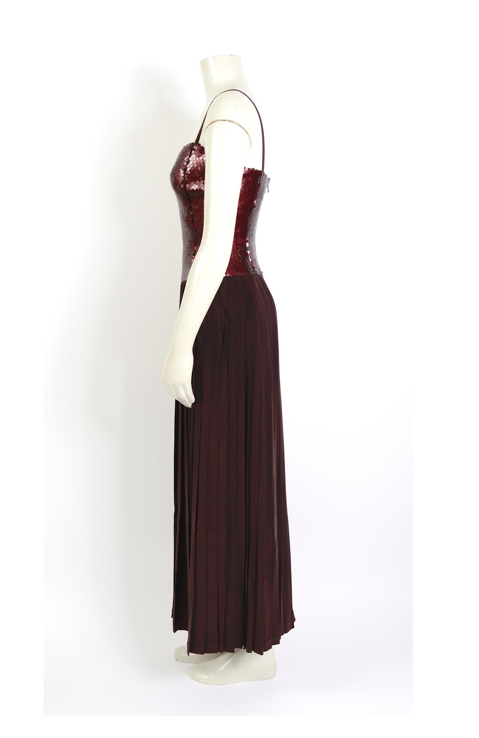 Red Lanvin vintage 1990s deep burgundy brown silk pleated and sequin strap dress For Sale