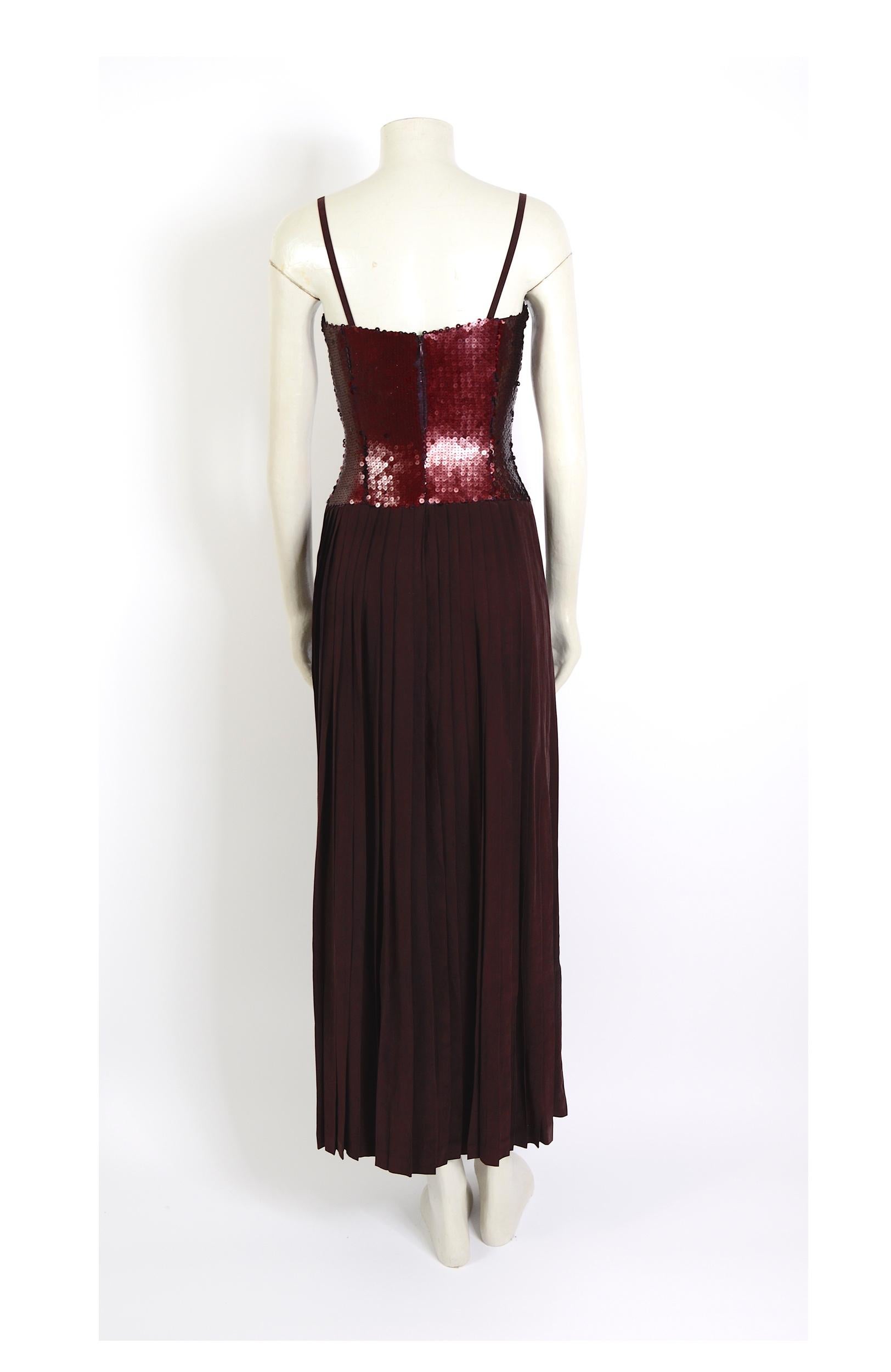 Lanvin vintage 1990s deep burgundy brown silk pleated and sequin strap dress In Excellent Condition For Sale In Antwerp, BE