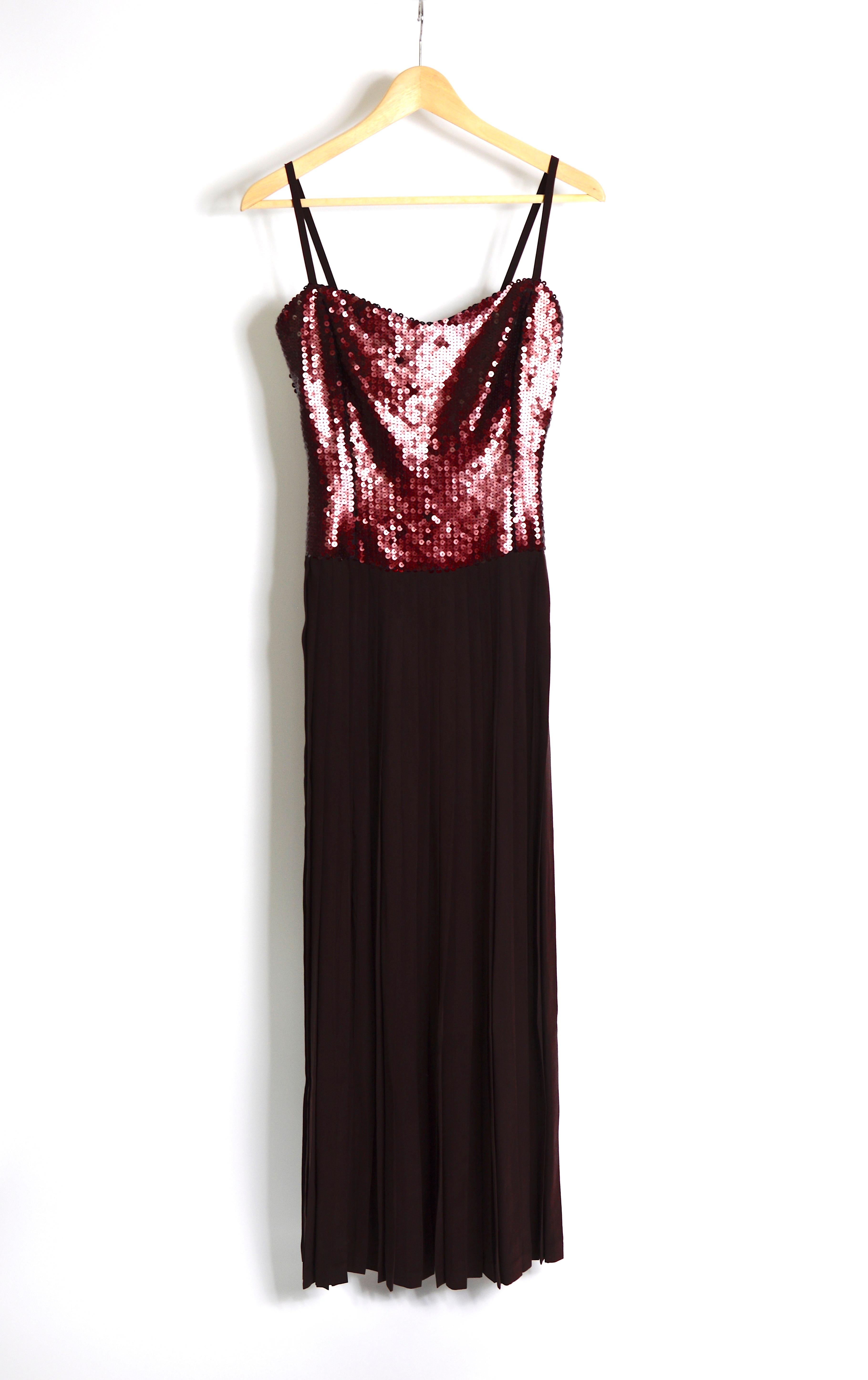 Lanvin vintage 1990s deep burgundy brown silk pleated and sequin strap dress For Sale 1