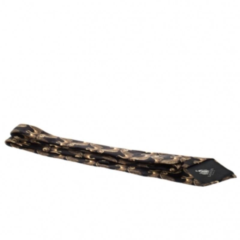 Noir Cravate vintage Lanvin imprimé oiseaux noirs et or