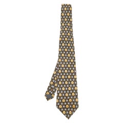 Cravatta Lanvin Vintage in seta stampata a forma di loto nero