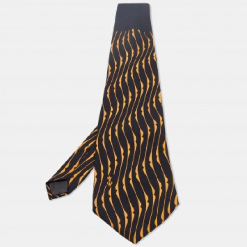 Lanvin Vintage Black & Orange Printed Silk Traditional Tie For Sale