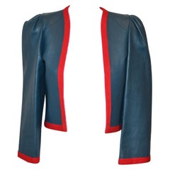 Lanvin Vintage Blue Grey Leather Jacket with Red Knit Trim