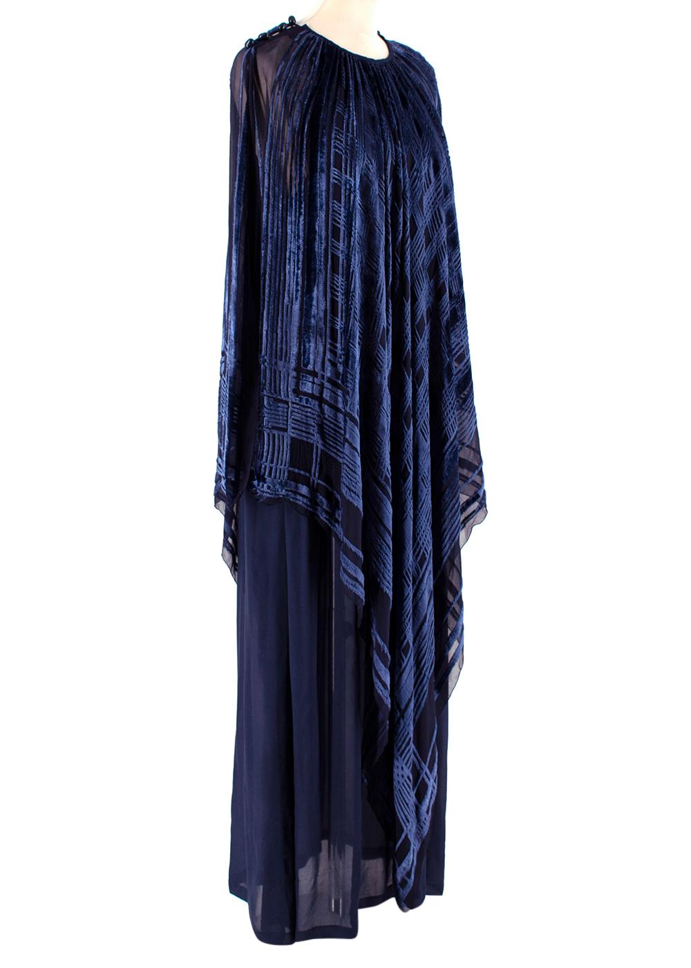 Lanvin Vintage Blue Silk-Blend Kimono Dress

- Vintage Lanvin gown 
- Blue textured checked velvet design
- Floor length
- Beaded embellishment on shoulders
- Draped silhouette 
- Navy blue slip 
- Slip on style 

Materials: 
60% Viscose, 40% Silk