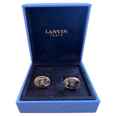 “LANVIN" Vintage Cufflinks Labradorite Stone Gold Plate, Original Case, Circa 80