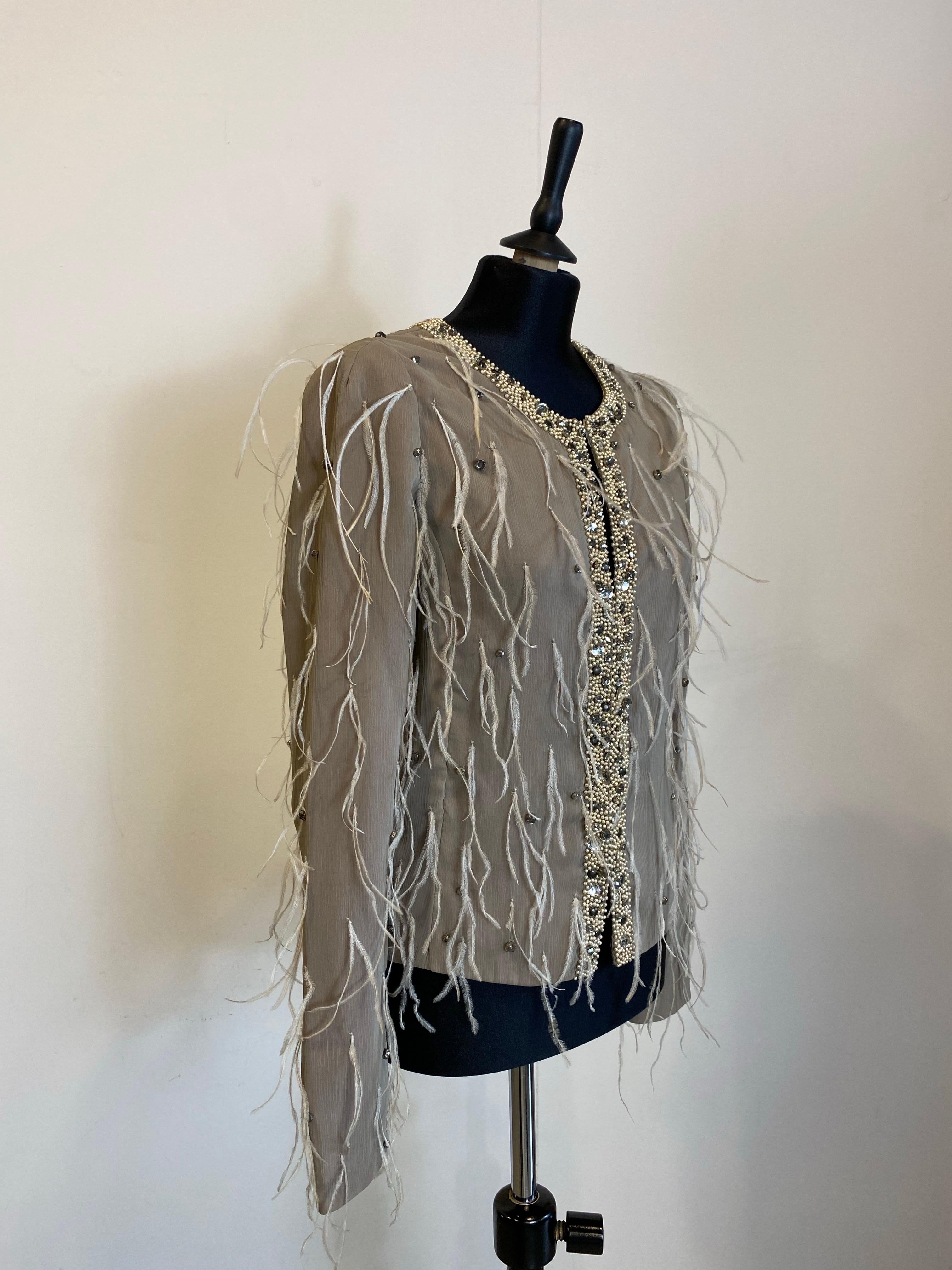Grigio Giacca vintage di Lanvin con piume e perle in vendita