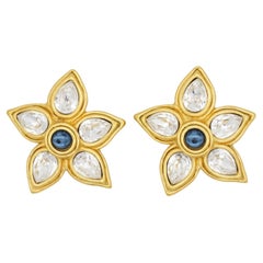 Lanvin Vintage Large Blue Crystals Sapphire Clear Sparkling Flower Earrings