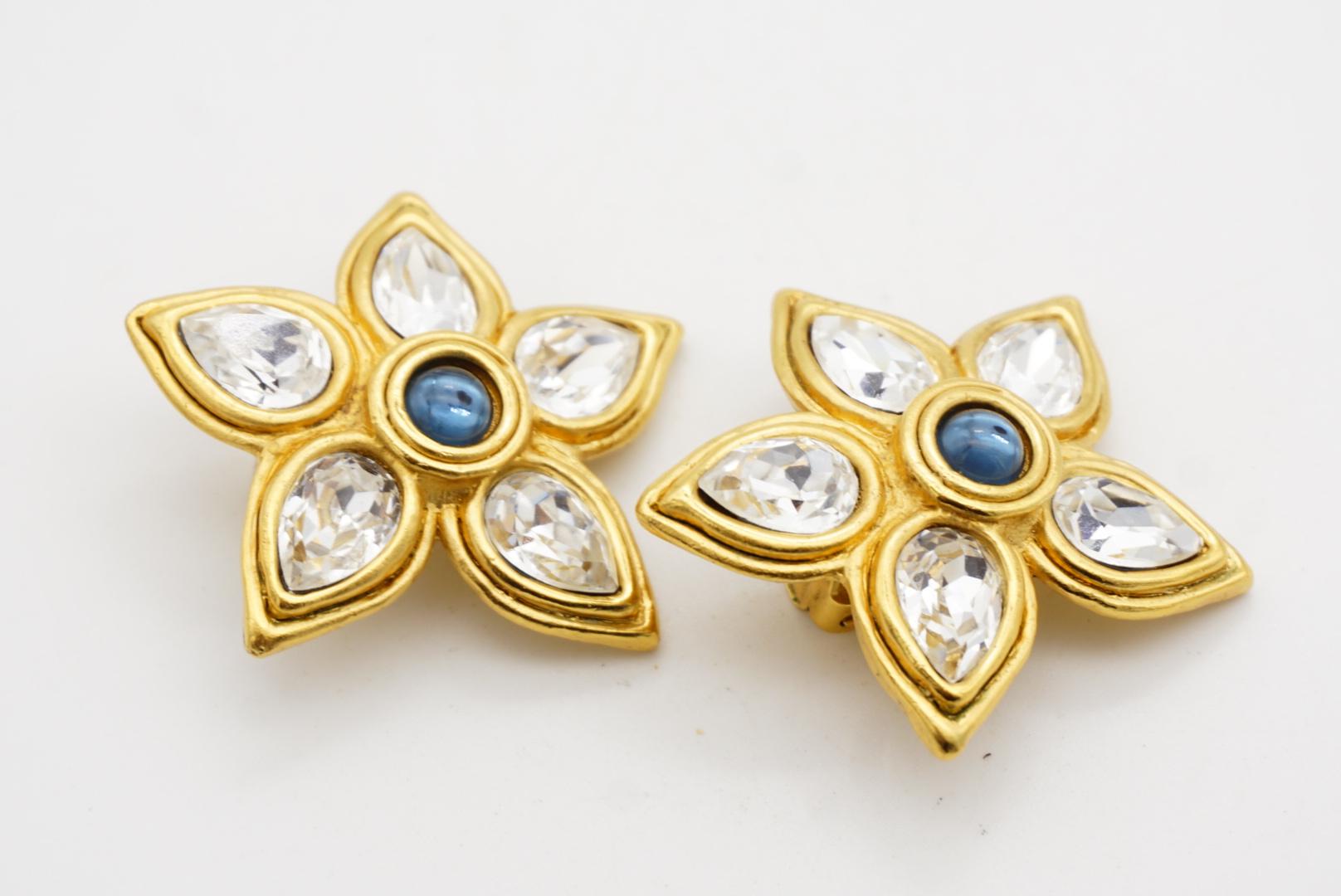 Lanvin Vintage Große tropfenförmige Blumenohrringe aus klarem Kristall mit Saphir und funkelndem Kristall im Angebot 5