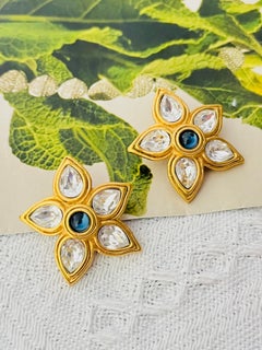Lanvin Vintage Grandes Pendientes Flor Gota de Lágrima Zafiro Brillante Cristal Transparente