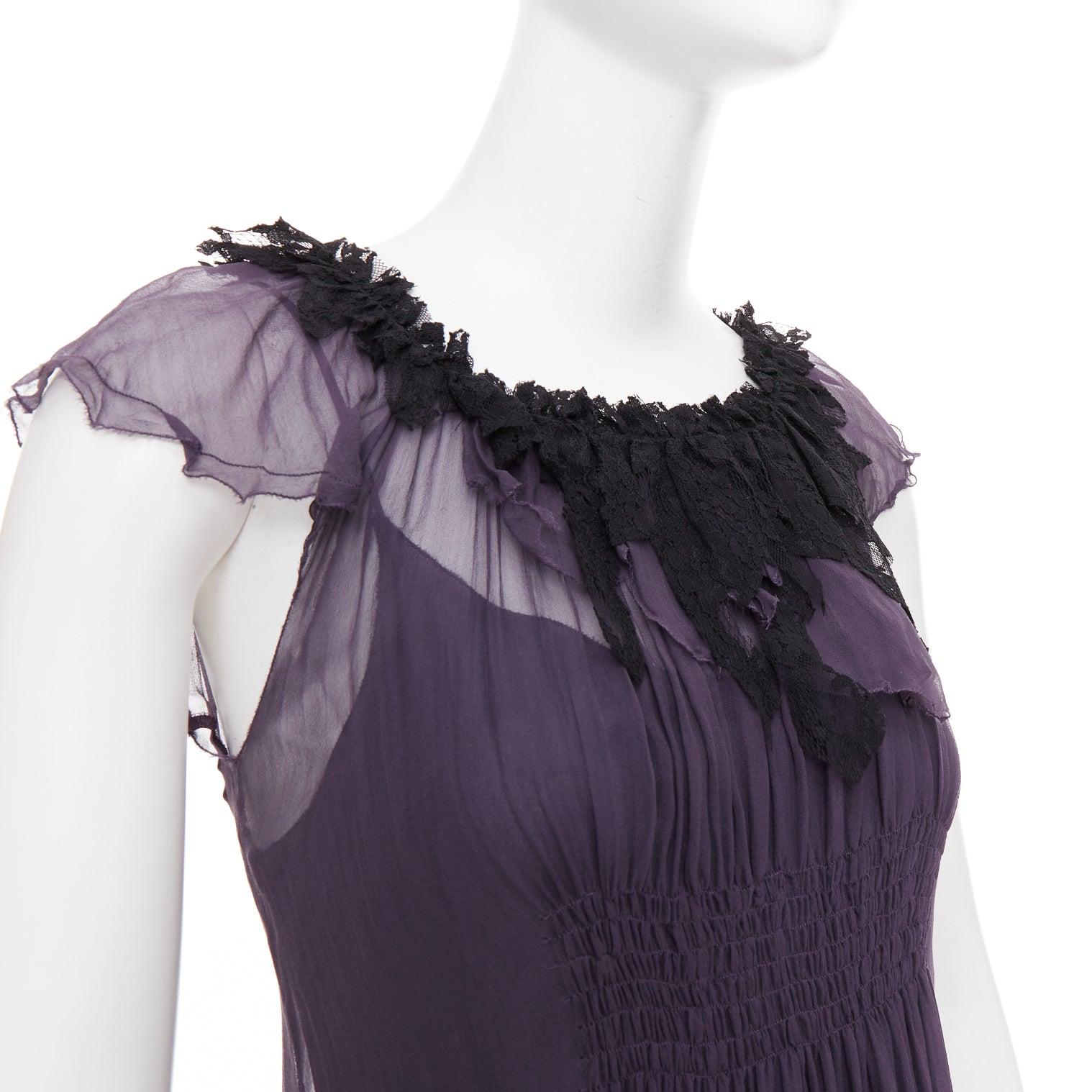 LANVIN Vintage purple silk black lace trim ruched waist sheer dress FR38 M
Reference: CC/A00500
Brand: Lanvin
Designer: Alber Elbaz
Material: Silk
Color: Purple, Black
Pattern: Lace
Closure: Slip On
Lining: Purple Rayon
Extra Details: Lining can be