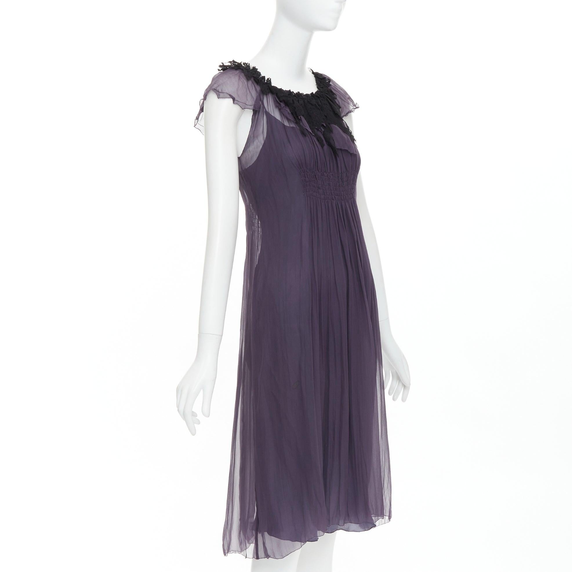 Black LANVIN Vintage purple silk black lace trim ruched waist sheer dress FR38 M For Sale