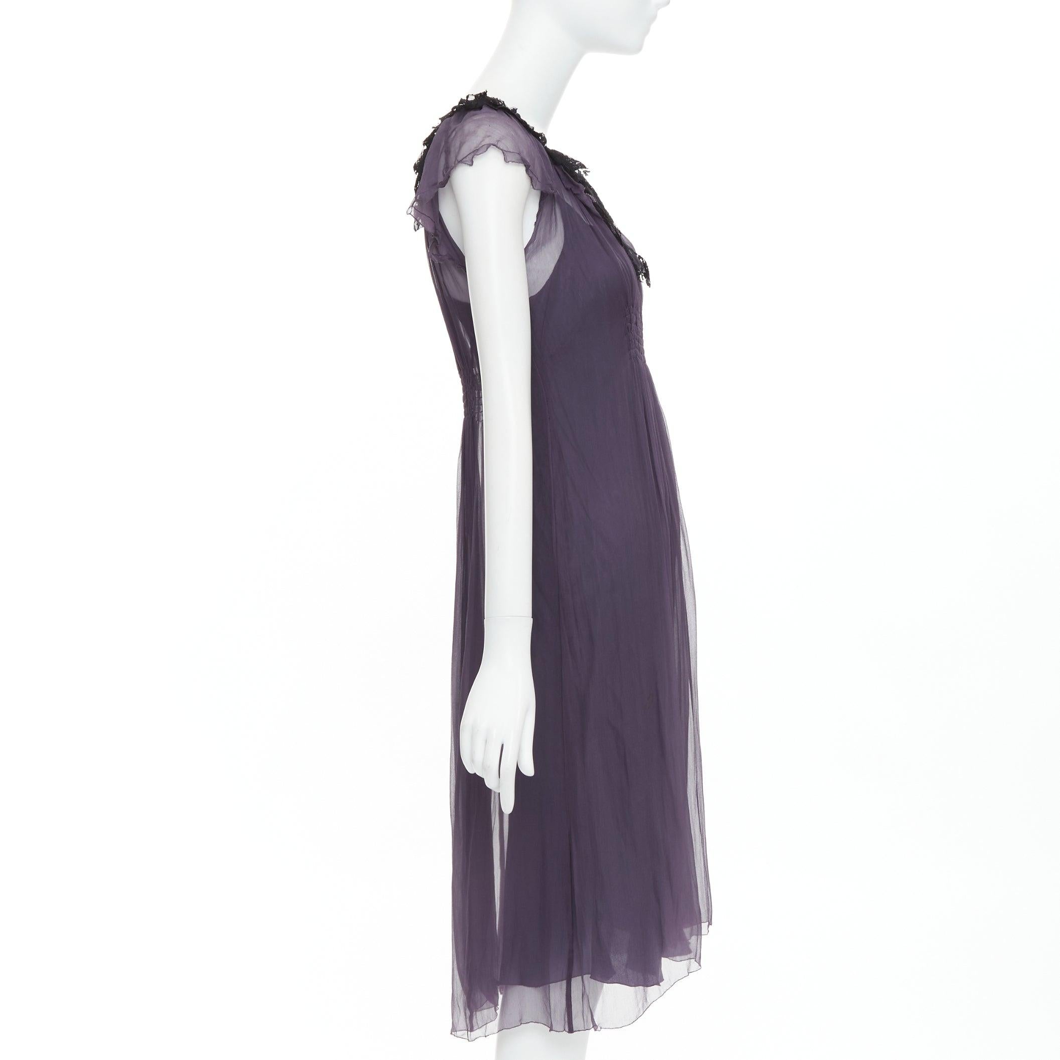 LANVIN Vintage purple silk black lace trim ruched waist sheer dress FR38 M In Excellent Condition For Sale In Hong Kong, NT