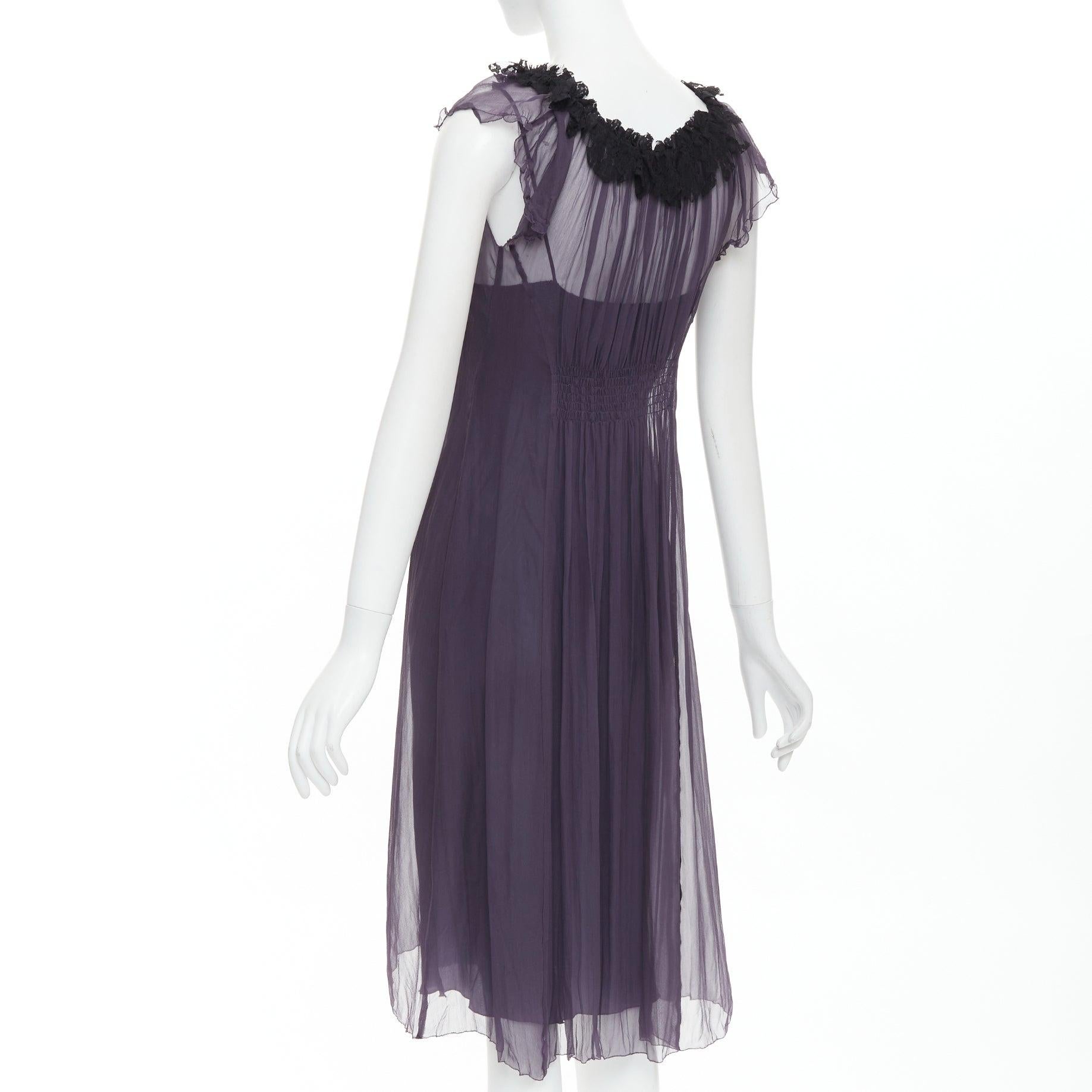 Women's LANVIN Vintage purple silk black lace trim ruched waist sheer dress FR38 M For Sale