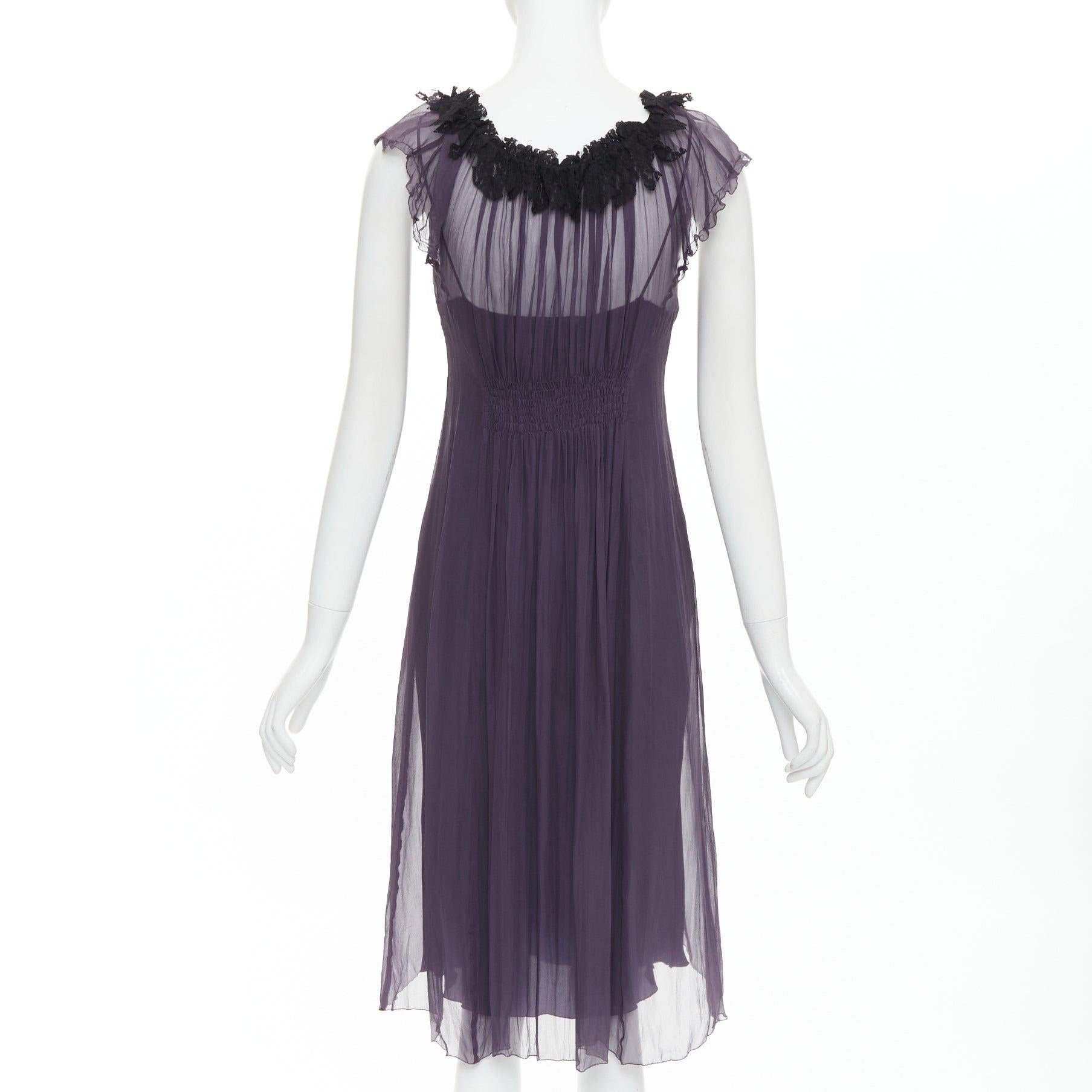 LANVIN Vintage purple silk black lace trim ruched waist sheer dress FR38 M For Sale 1