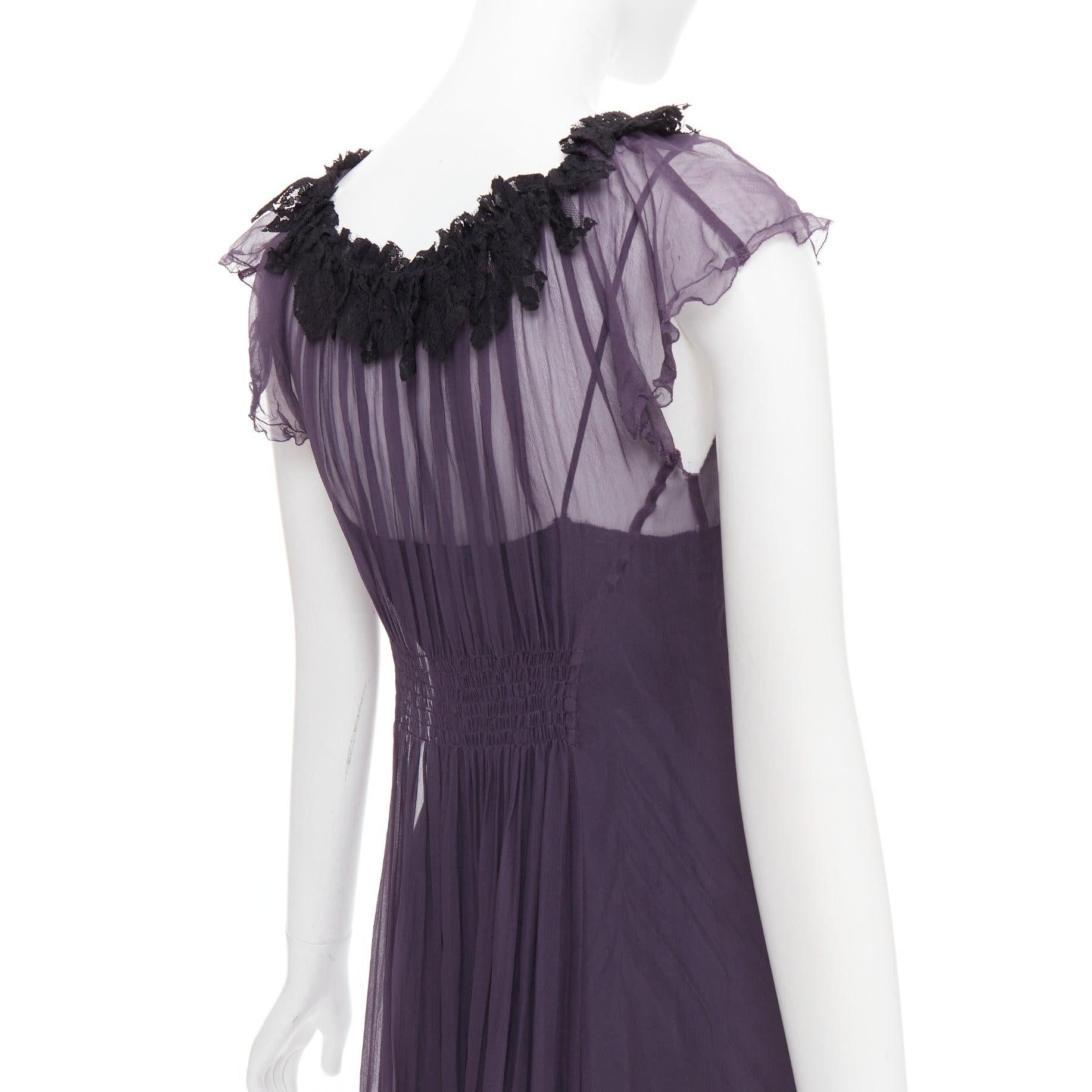 LANVIN Vintage purple silk black lace trim ruched waist sheer dress FR38 M For Sale 2