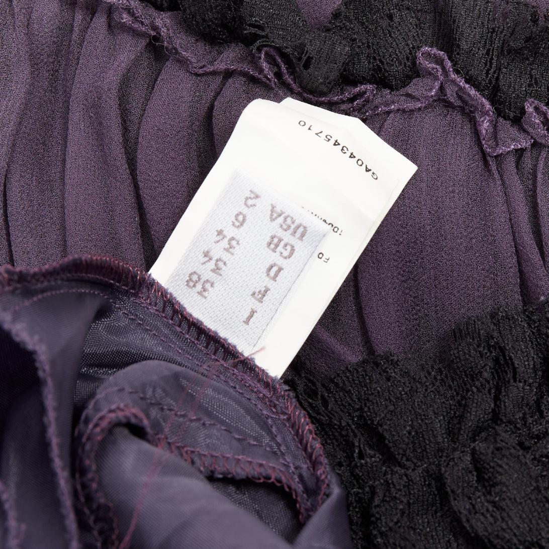 LANVIN Vintage purple silk black lace trim ruched waist sheer dress FR38 M For Sale 3