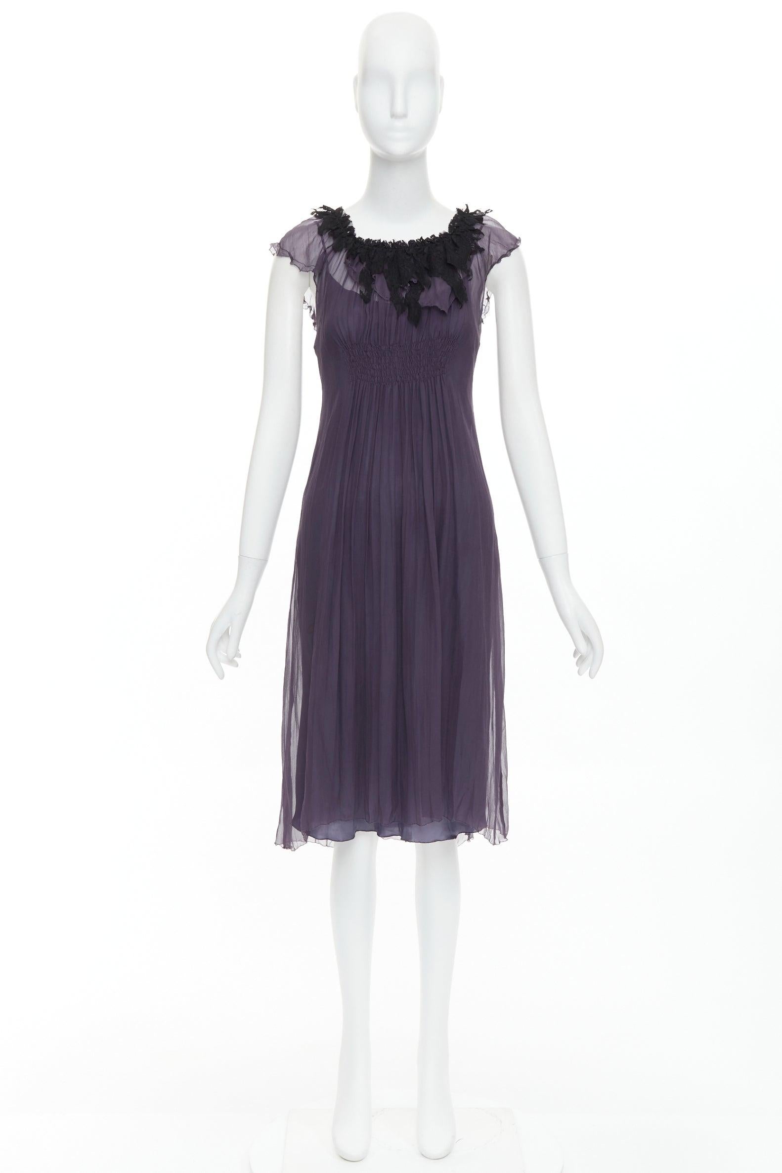 LANVIN Vintage purple silk black lace trim ruched waist sheer dress FR38 M For Sale 4