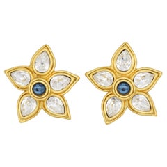 Lanvin Vintage Rare Large Blue Crystals Sapphire Clear Flower Elegant Earrings